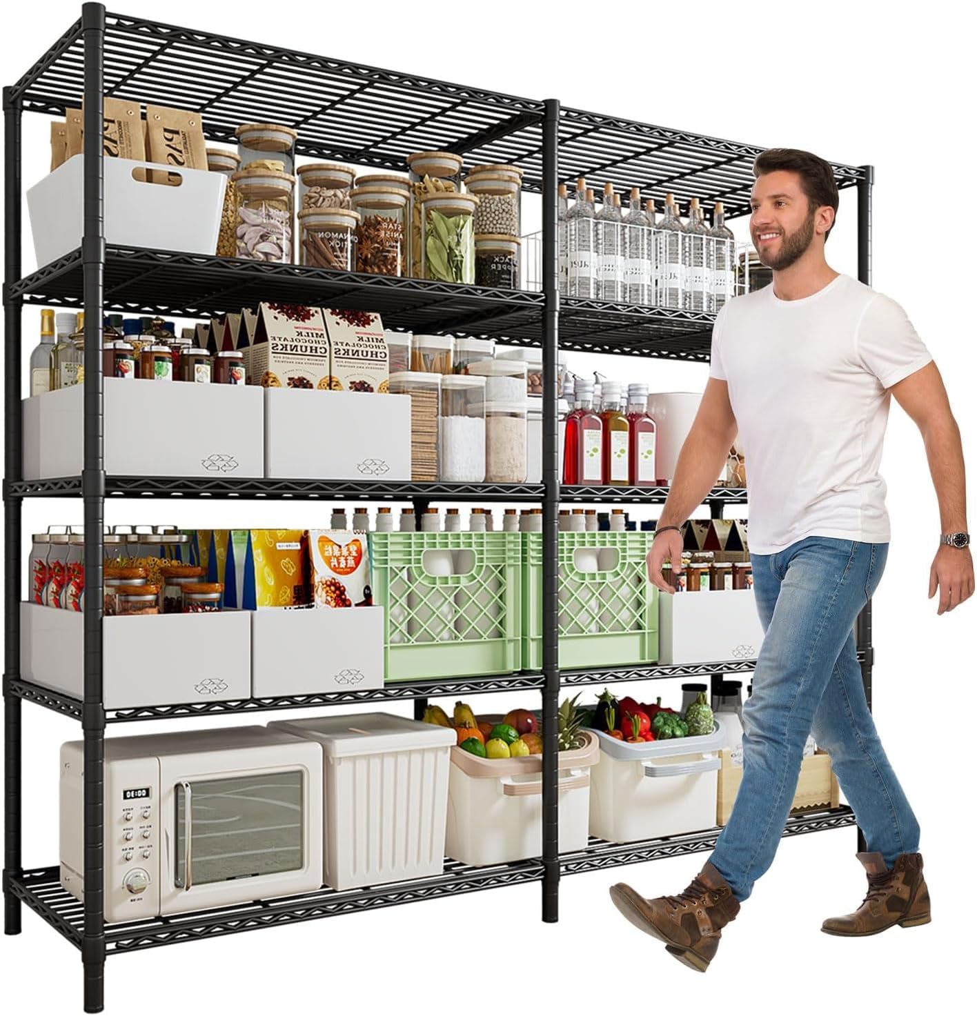 Uptyia Estante de Almacenamiento de 5 Niveles,Metálico y Ajustable,Gran Capacidad de 500KG,Estante Organizador para Cocina,Garaje,Supermercado,Negro 69" W x 72.5" H x 15.75" D