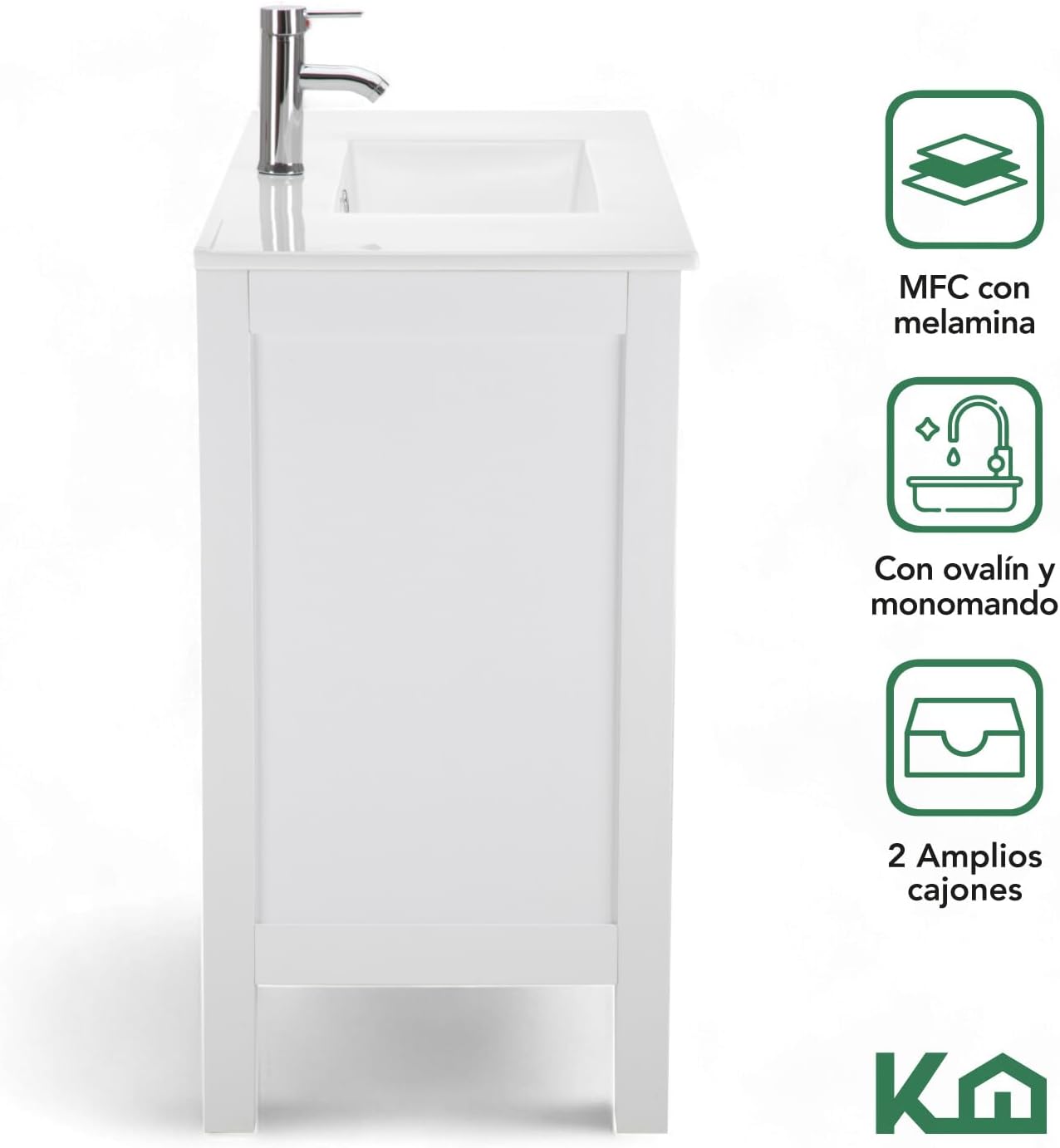 Kingshouse | Gabinete para Baño con Ovalín y Monomando – Mueble de Baño Lavamanos con 2 Cajones – Lavabo – Gabiente Organizador - Color Gris Mate – Fibra de Madera MDF – Lavamanos De Cerámica