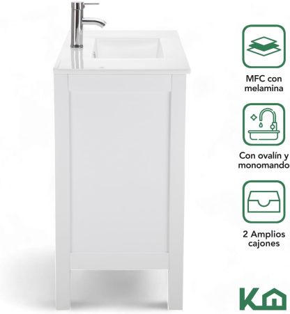 Kingshouse | Gabinete para Baño con Ovalín y Monomando – Mueble de Baño Lavamanos con 2 Cajones – Lavabo – Gabiente Organizador - Color Gris Mate – Fibra de Madera MDF – Lavamanos De Cerámica