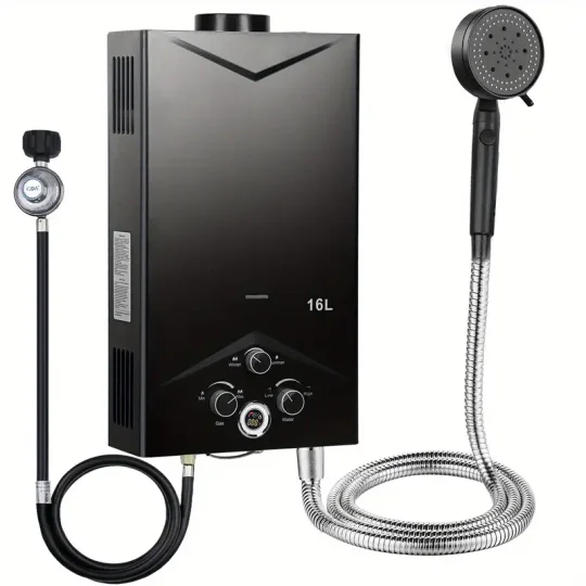 Calentador de agua instantáneo 4.21GPM 16L, calentador de agua a gas portátil para exteriores, calentador de agua de temperatura constante rápida, calentador de agua portátil con pantalla digital, rociador 23.23 "x13.39"
