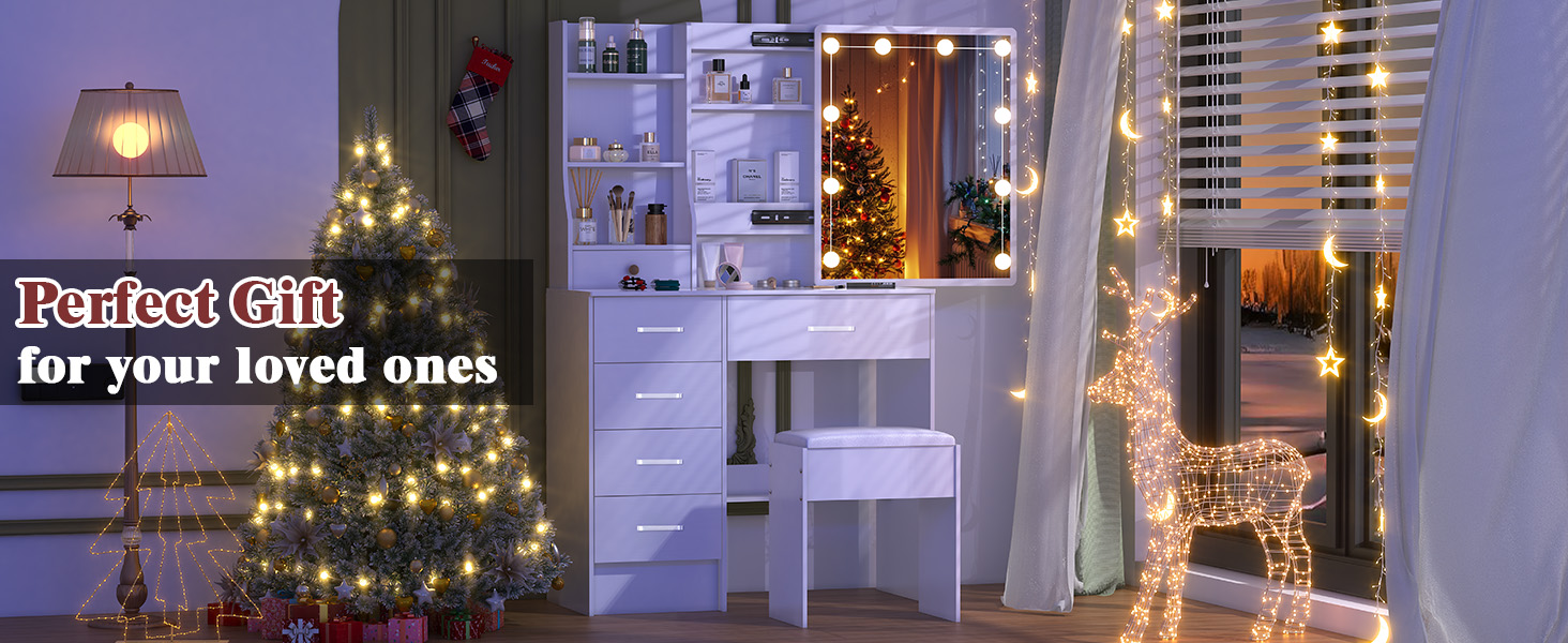 vanity desk with mirror and lights