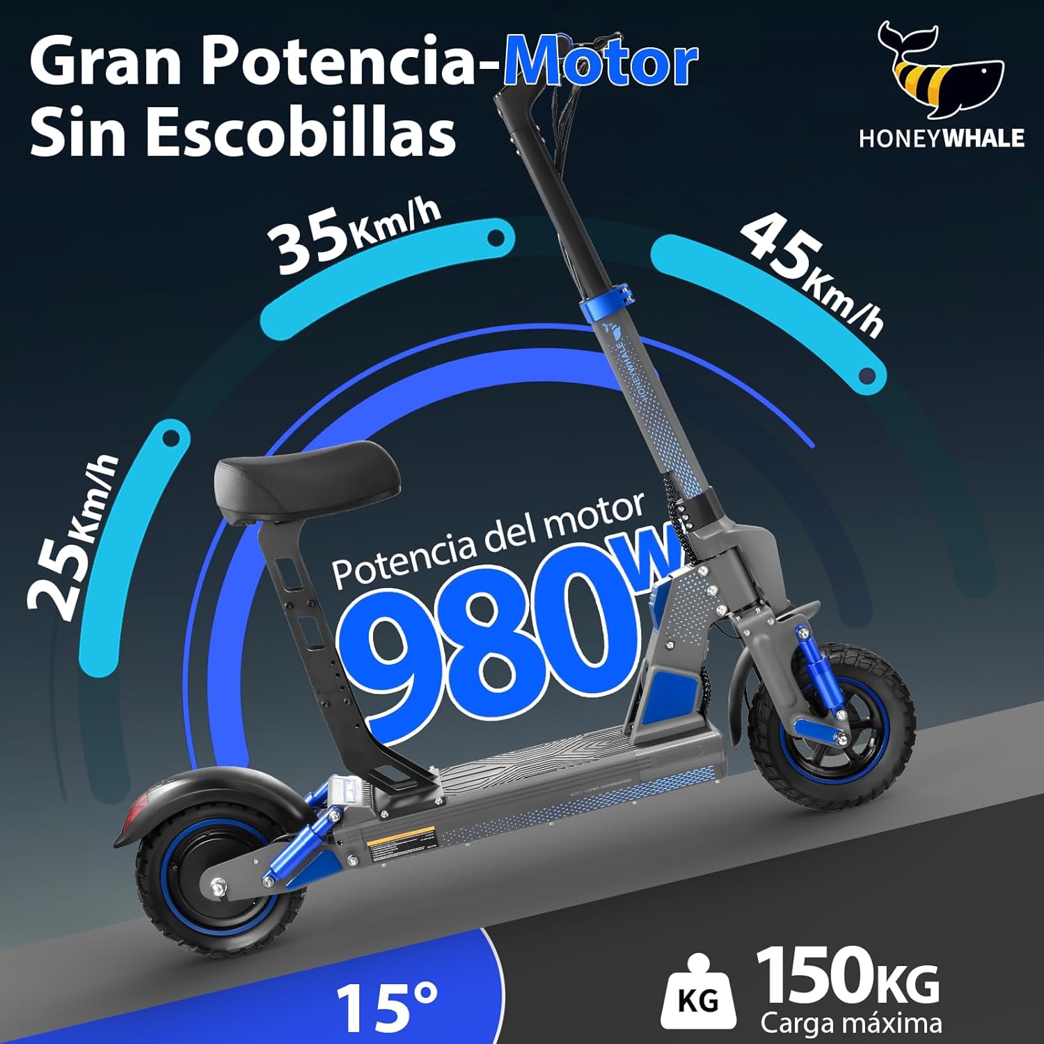 HONEYWHALE C1 Scooter Eléctrico Adulto con Asiento, Patín Eléctrico Plegable con Motor 980W, Velocidad Máxima 45 km/h, Batería 13AH-Autonomía 40km