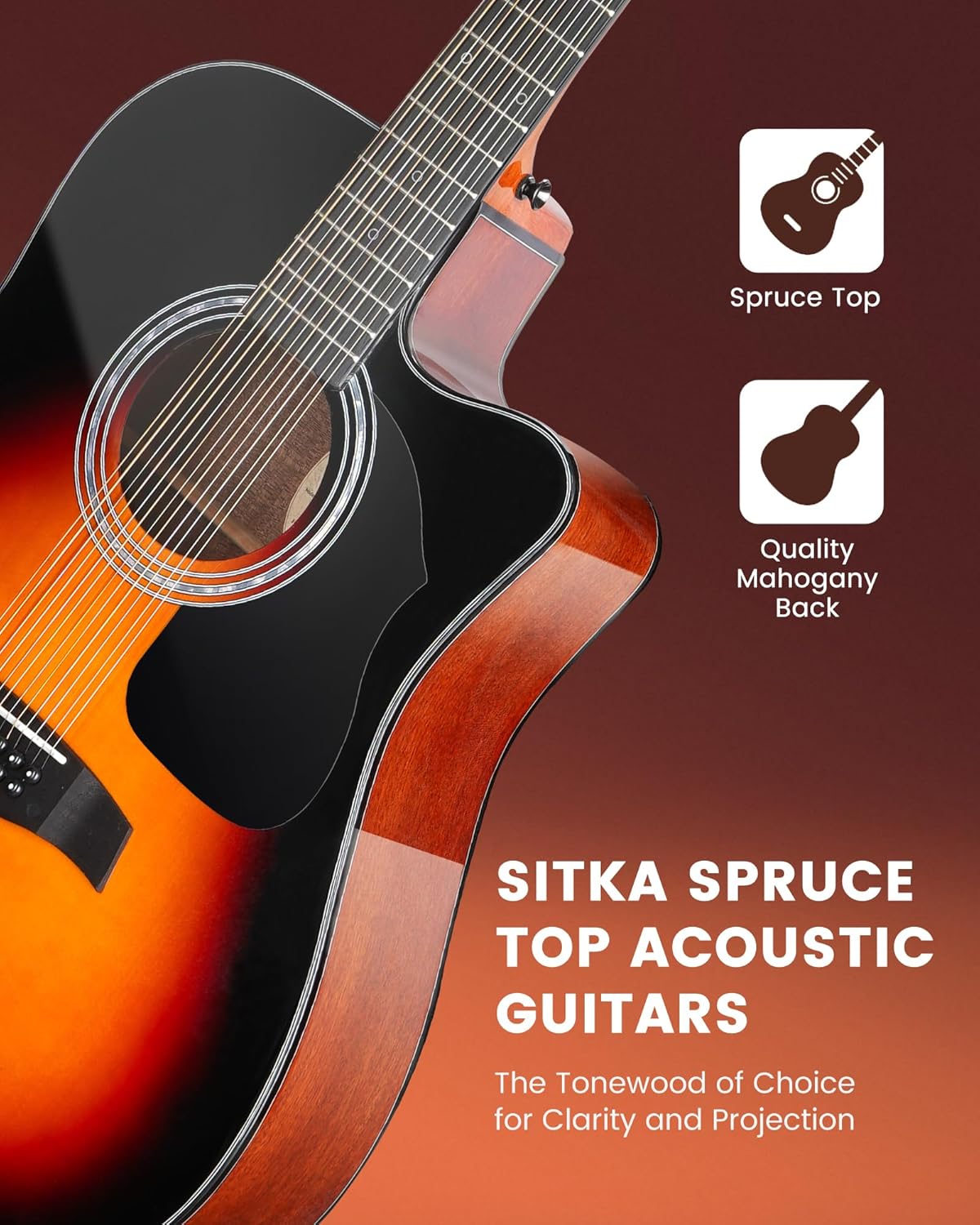 Fesley Guitarra de 12 cuerdas, guitarras eléctricas acústicas de tamaño completo para adultos, guitarra de abeto superior acústica, paquete de guitarra recortada con bolsa de concierto, púas, cuerdas, correa, natural