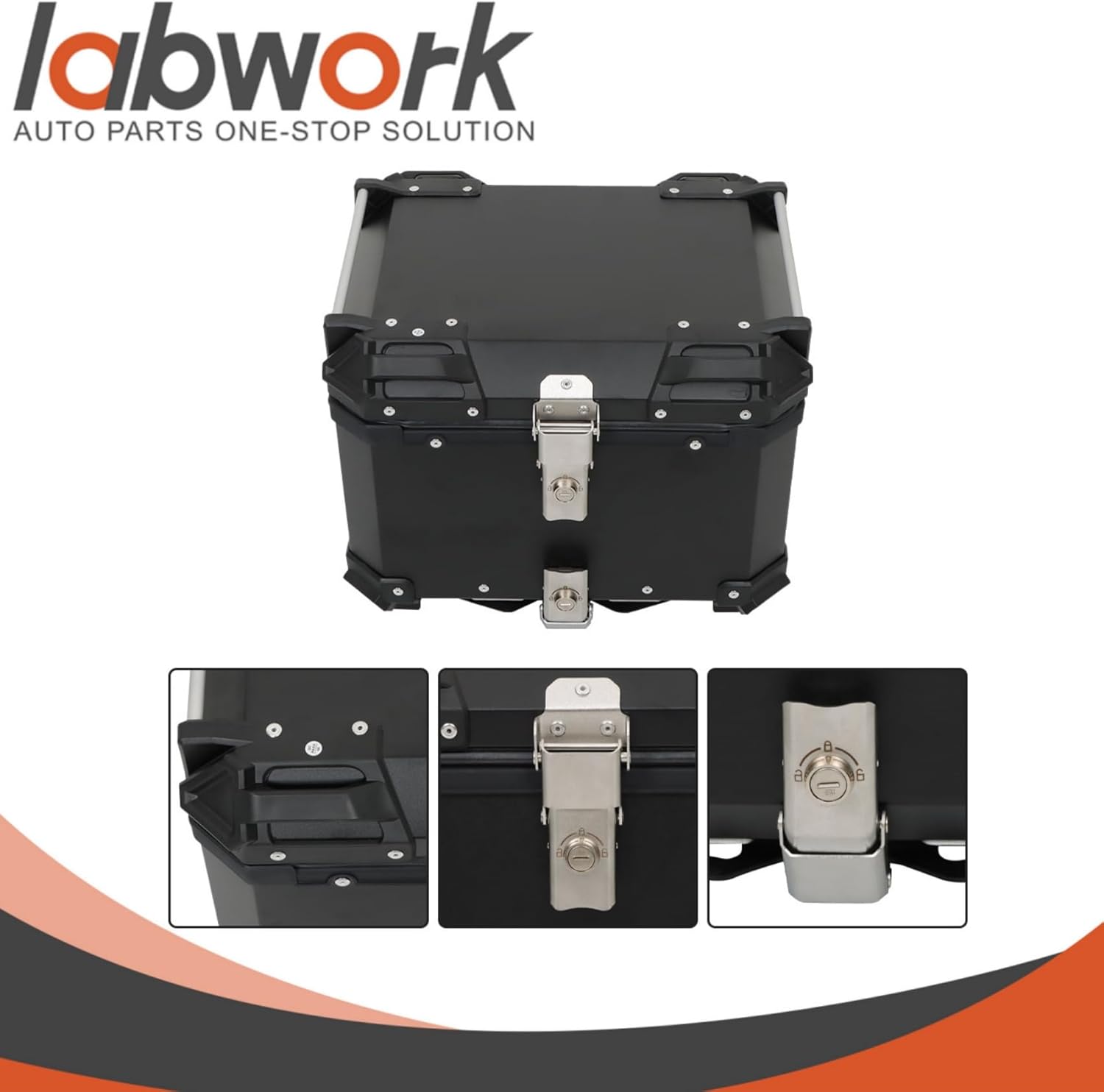 Labwork - Caja trasera para motocicleta de 45 l, con placa de montaje, aleación de aluminio dura, cierre de seguridad contra robo, metal plateado, caja trasera para maletero