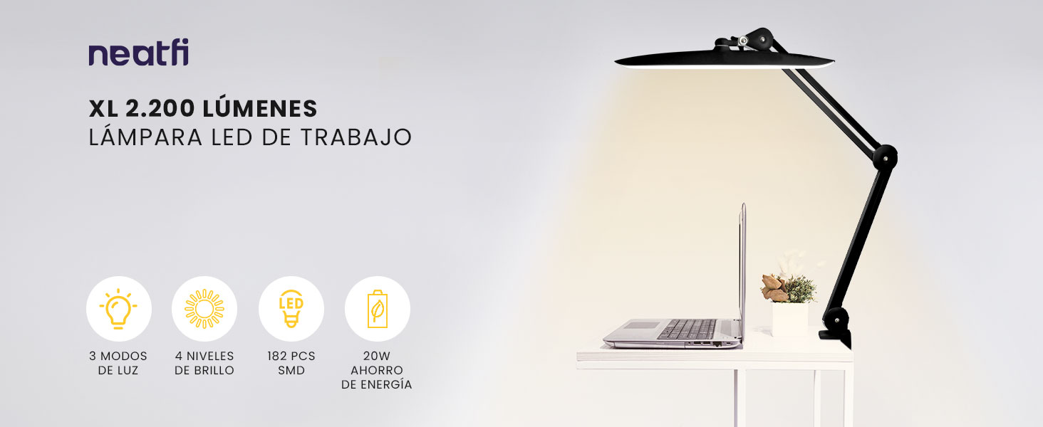 XL - L&aacute;mpara LED de trabajo de 2.200 l&uacute;menes, l&aacute;mpara de computadora superbrillante, 3 modos de luz