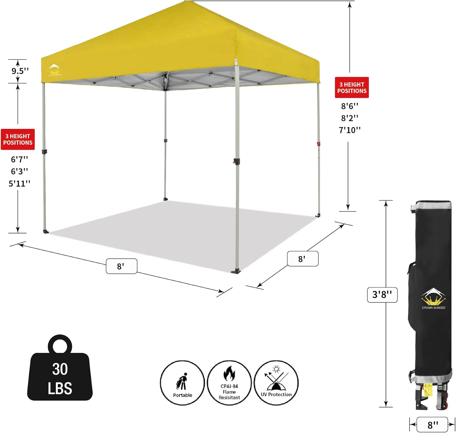 CROWN SHADES - Toldo desplegable de 3.60 x 3.60 metros, toldo patentado de un empuje con bolsa de transporte con ruedas, 8 estacas y 4 cuerdas, negro