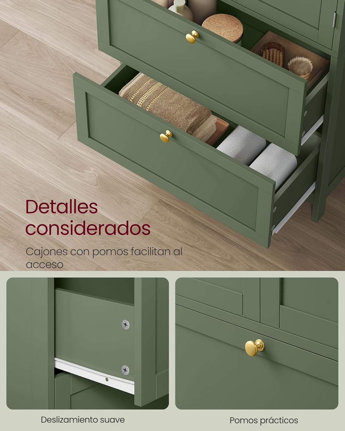 VASAGLE Mueble de Baño, Armario de Baño, Armario de Cocina, con 2 Puertas y 2 Cajones, Estantes Ajustables, 30 x 60 x 110 cm, Gris Paloma MBBC551G02