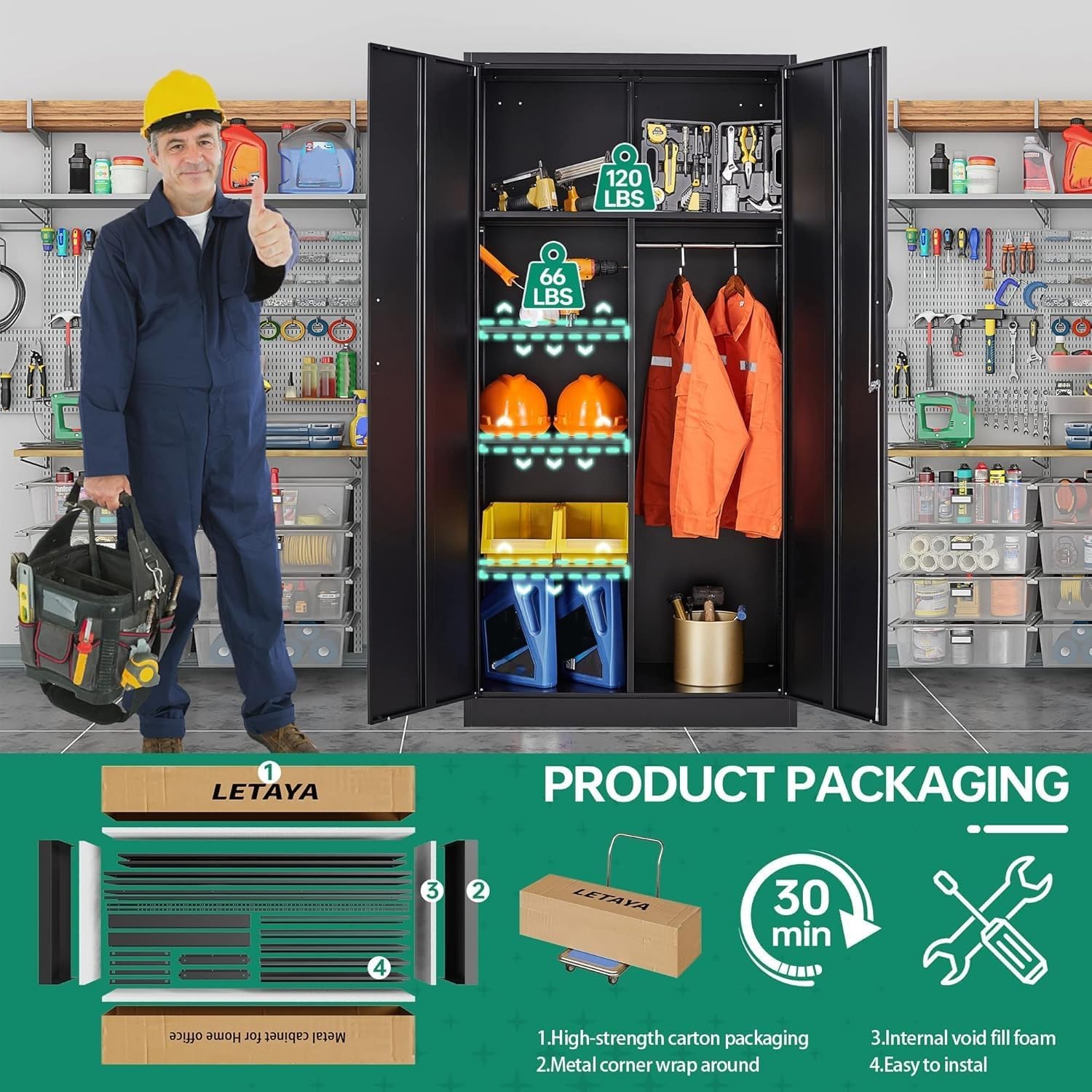 Letaya - Armarios de almacenamiento de metal con puerta de cerradura, armarios de acero, 5 estantes ajustables para el hogar, oficina, almacén (blanco)