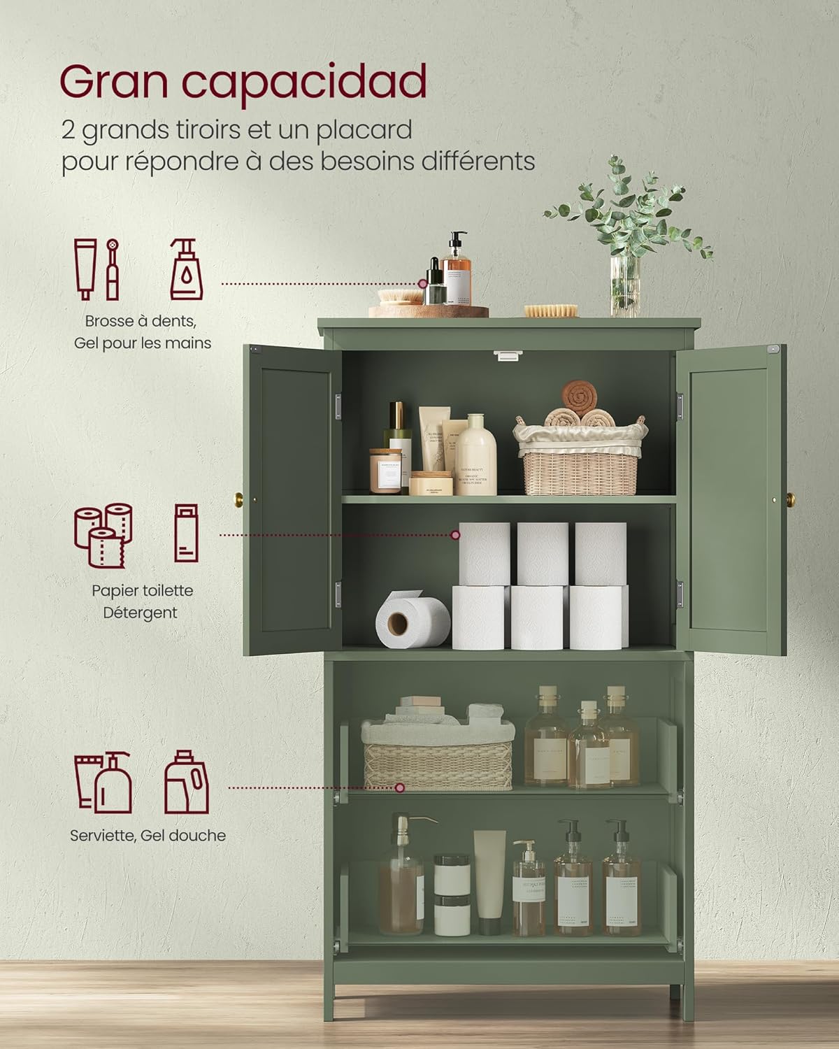 VASAGLE Mueble de Baño, Armario de Baño, Armario de Cocina, con 2 Puertas y 2 Cajones, Estantes Ajustables, 30 x 60 x 110 cm, Gris Paloma MBBC551G02