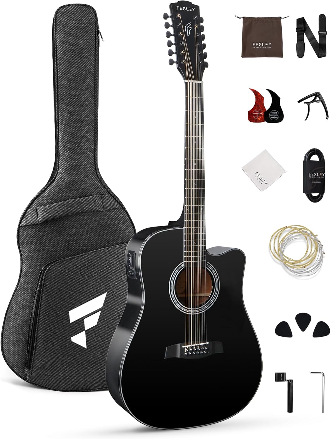 Fesley Guitarra de 12 cuerdas, guitarras eléctricas acústicas de tamaño completo para adultos, guitarra de abeto superior acústica, paquete de guitarra recortada con bolsa de concierto, púas, cuerdas, correa, natural