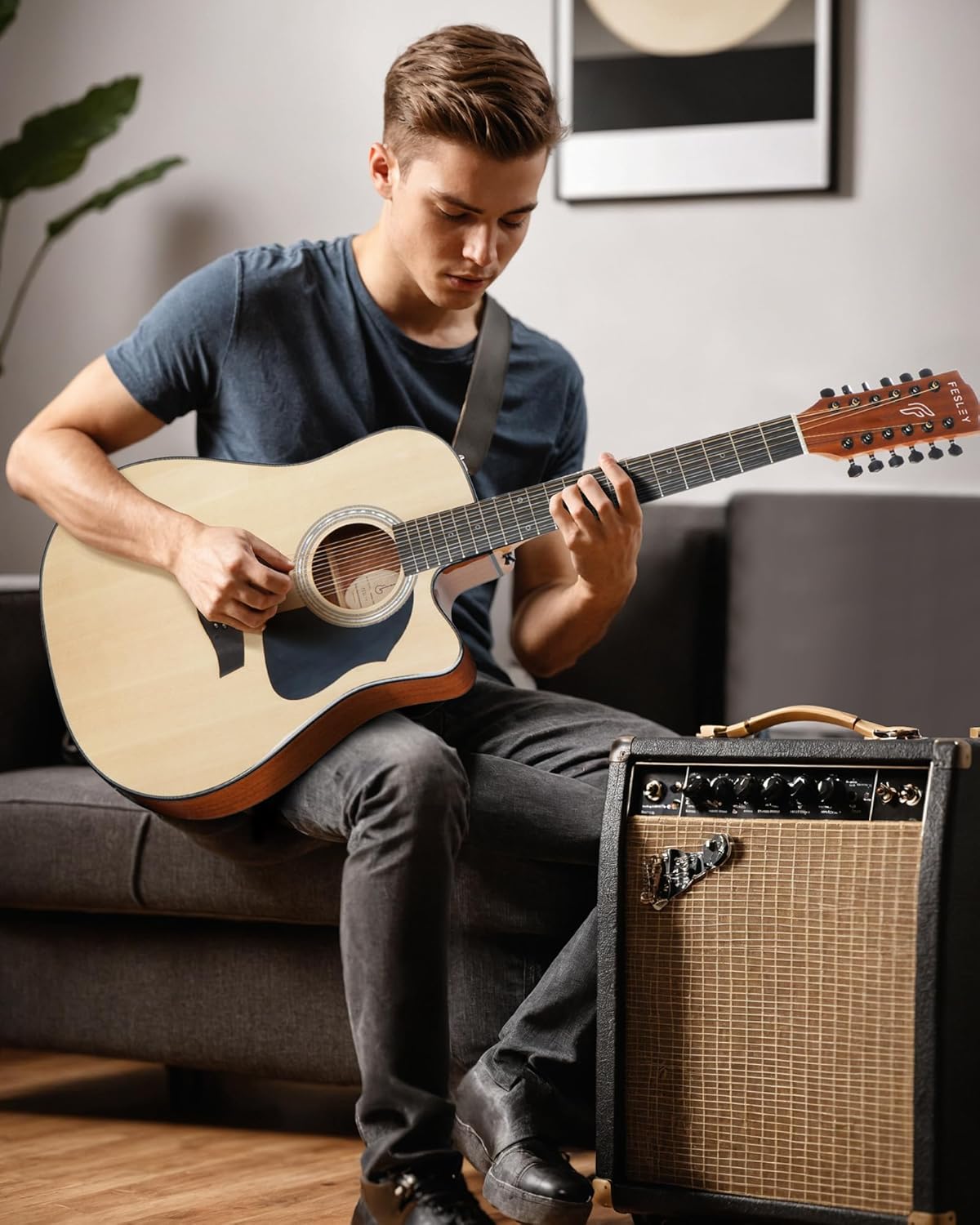 Fesley Guitarra de 12 cuerdas, guitarras eléctricas acústicas de tamaño completo para adultos, guitarra de abeto superior acústica, paquete de guitarra recortada con bolsa de concierto, púas, cuerdas, correa, natural