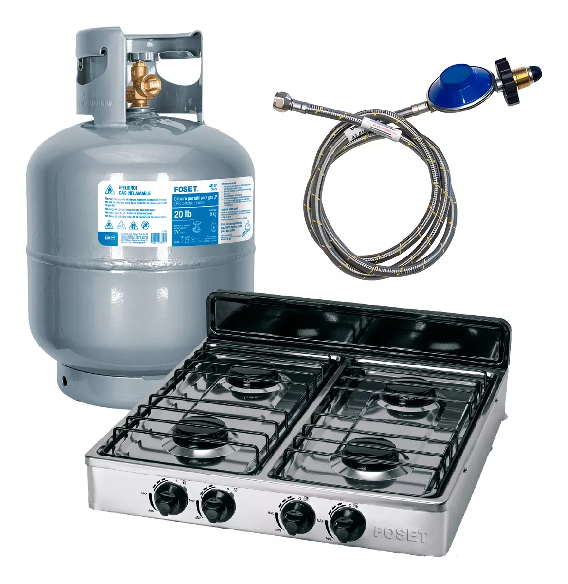 Kit Parrilla De 4 Quemadores, Tanque De Gas 9 Kg Y Regulador