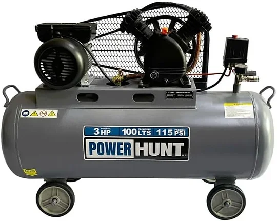 Compresor De Aire Eléctrico Portátil 100lts Power Hunt 3hp con banda y doble conexión rapida, presion de 8 bar/ 115 psi.