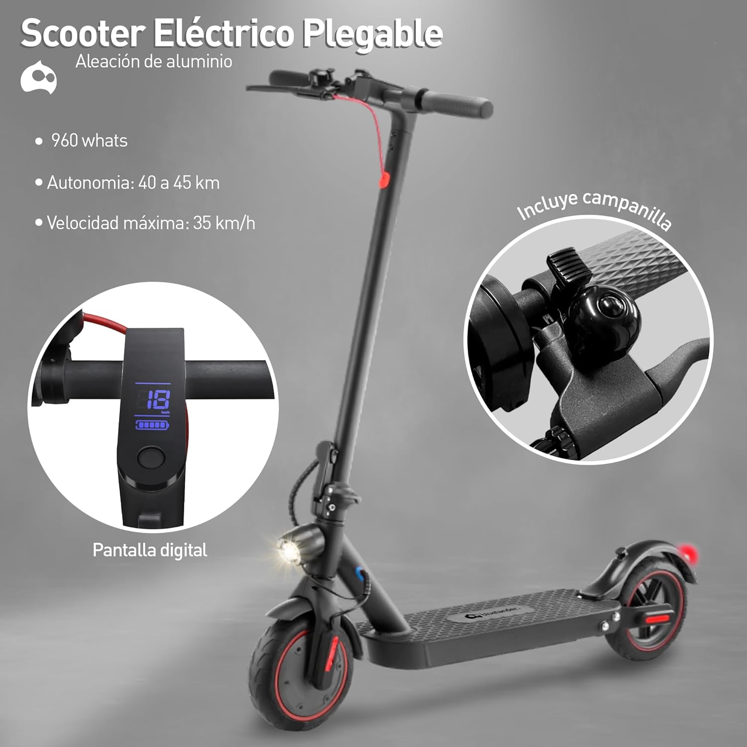 Bluelander Scooter E9 MAX Eléctrico Plegable para Adultos, Velocidad 35 km/h, Autonomía 40-45 km, Motor Sin Escobillas 960W, Scooter Adulto, Control por App Bluetooth, Scooter