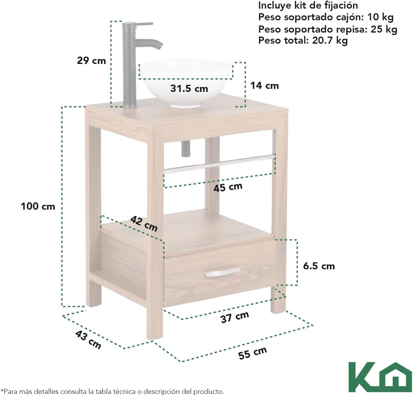 Kingshouse | Gabinete para Baño con Ovalín y Monomando – Mueble de Baño Lavamanos con 2 Cajones – Lavabo – Gabiente Organizador - Color Gris Mate – Fibra de Madera MDF – Lavamanos De Cerámica