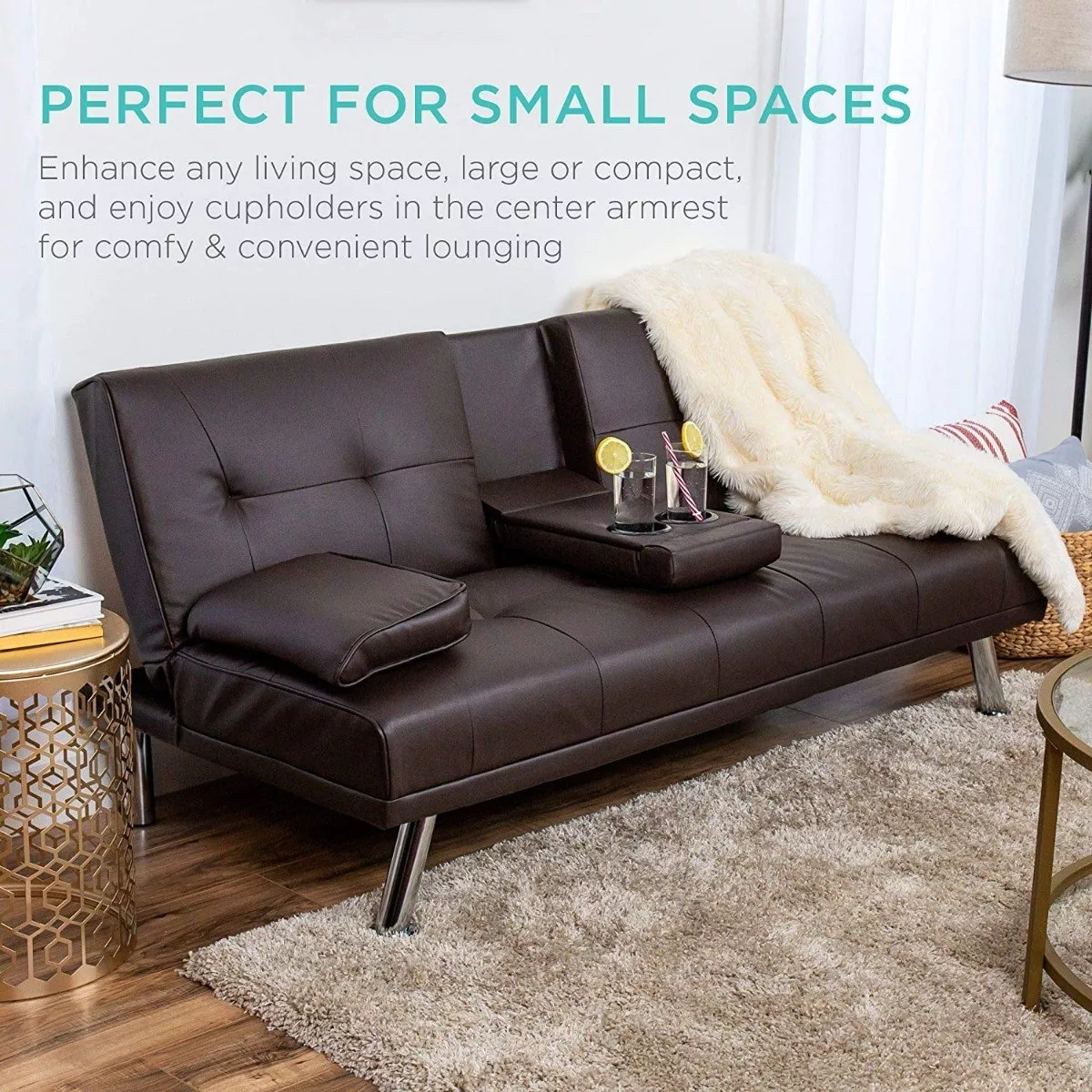 Sofá cama futón plegable portavasos de piel sintética marrón