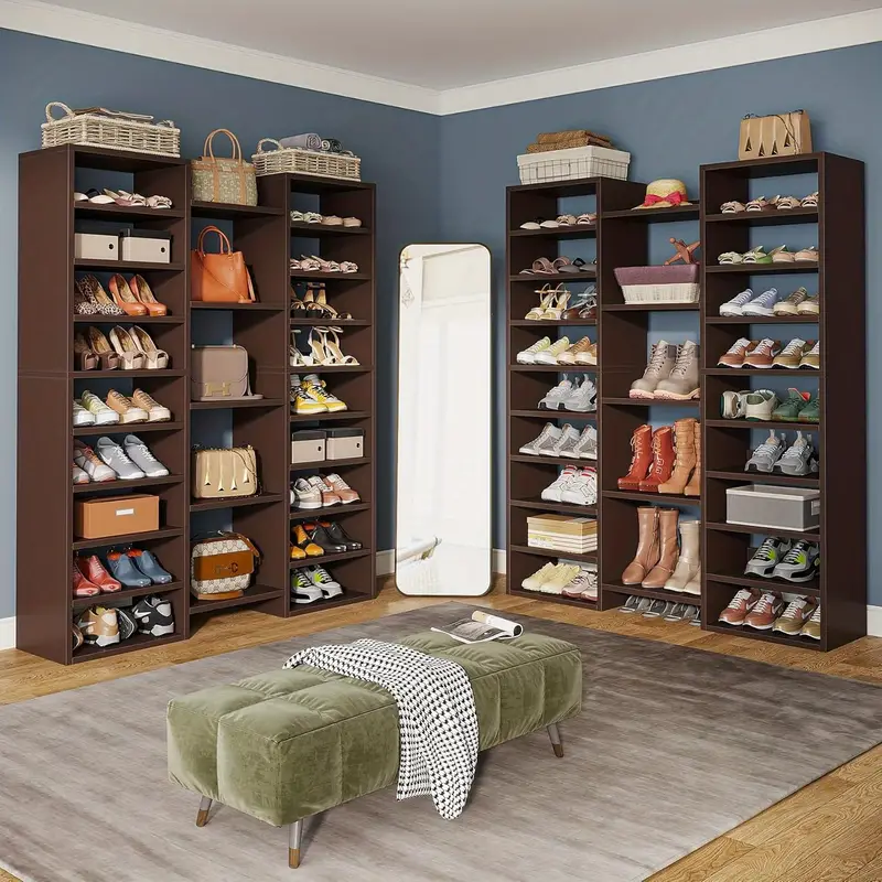 Estante para zapatos de 14 niveles, estante alto independiente para zapatos, gabinete de almacenamiento de zapatos de madera blanca con 22 cub&iacute;culos abiertos, organizador de zapatos de entrada ancha de 46 pares para la entrada, sala de estar detalles 2