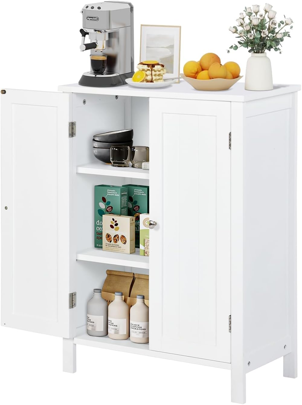 Gabinete de Almacenamiento para Piso de Baño con Puerta Doble, Estante Ajustable, para Baño, Sala de Estar, Cocina, Estilo Nórdico Escandinavo, Fácil Montaje