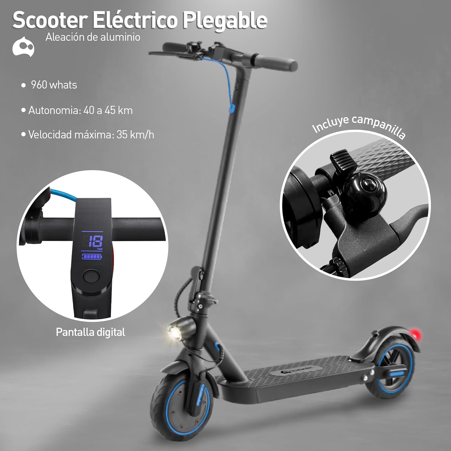 Bluelander Scooter E9 MAX Eléctrico Plegable para Adultos, Velocidad 35 km/h, Autonomía 40-45 km, Motor Sin Escobillas 960W, Scooter Adulto, Control por App Bluetooth, Scooter