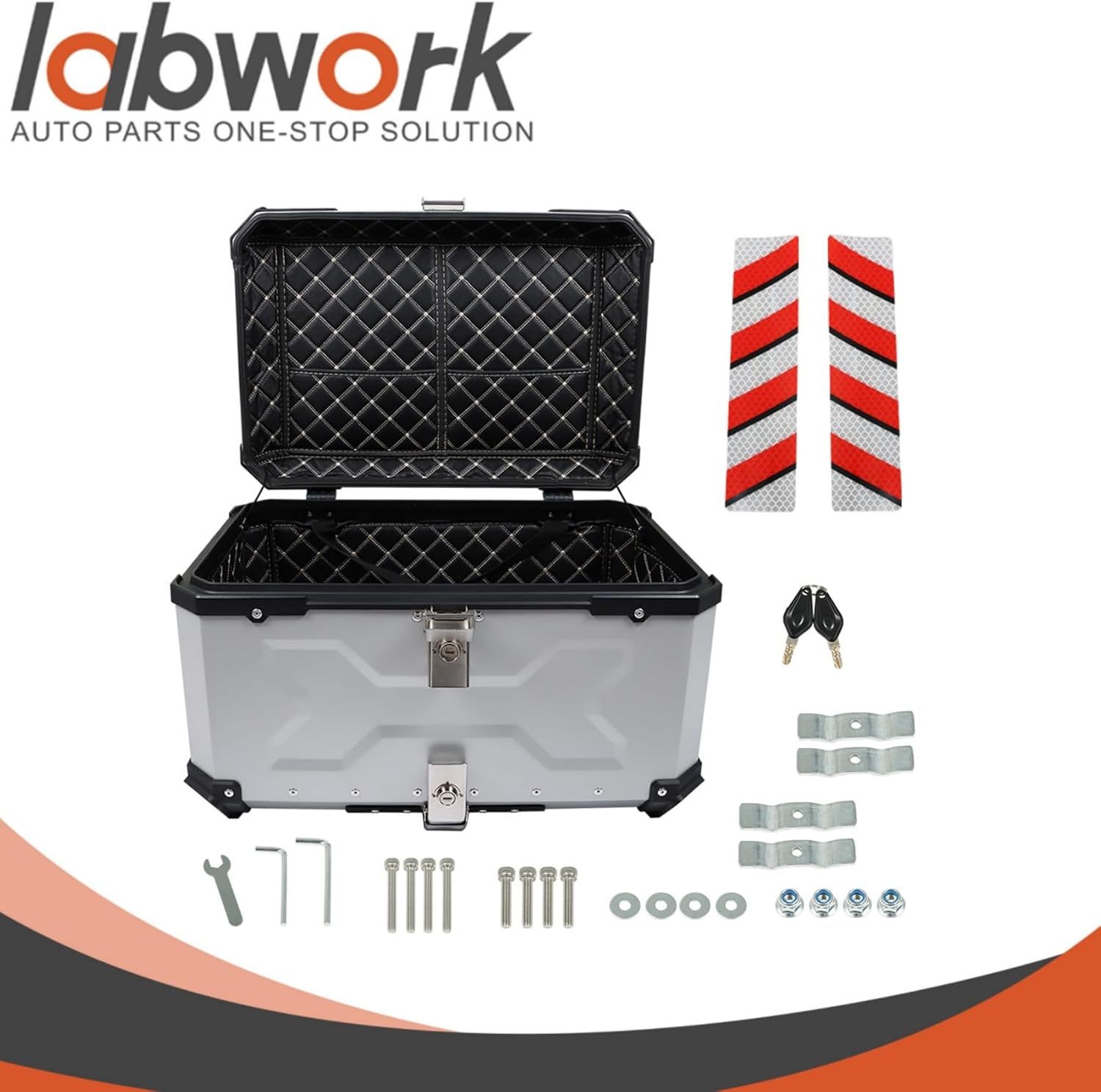 Labwork - Caja trasera para motocicleta de 45 l, con placa de montaje, aleación de aluminio dura, cierre de seguridad contra robo, metal plateado, caja trasera para maletero