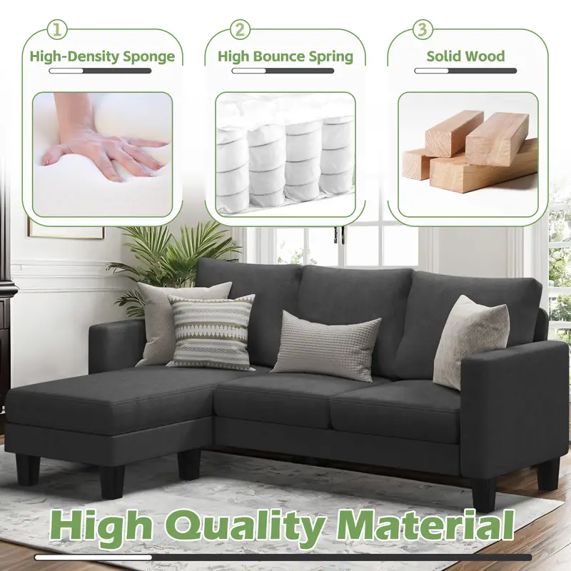 Sofá seccional convertible, sofá de 3 plazas en forma de L con tela de lino, otomana móvil Sofá pequeño para apartamentos pequeños, sala de estar y oficina (gris oscuro)