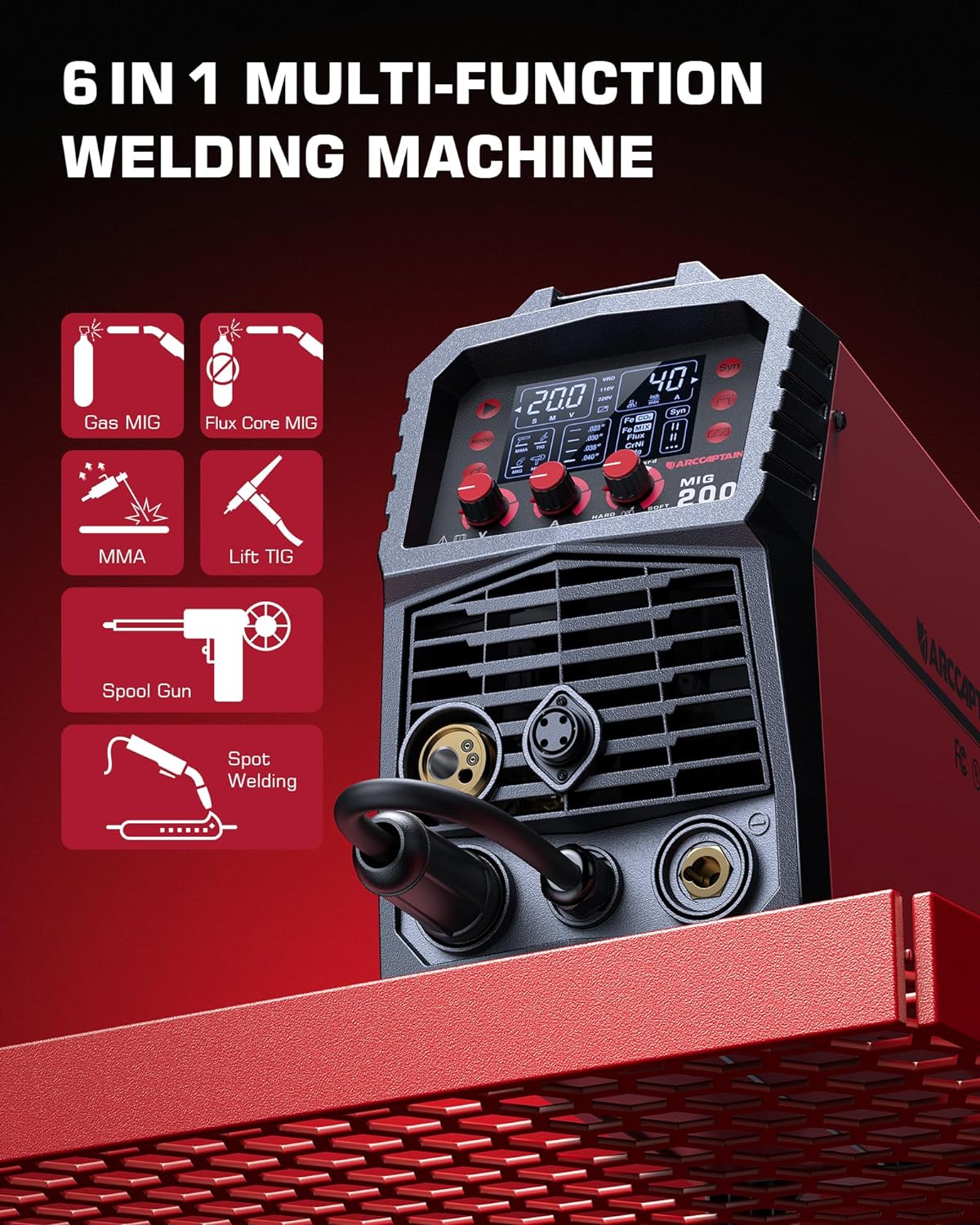 ARCCAPTAIN MIG Soldador, 200 amperios 6 en 1 gas MIG/núcleo de flujo sin gas MIG/Stick/Lift TIG/soldadura por punto/pistola de carrete 110 V/220 V de aluminio multiproceso máquina de soldadura con