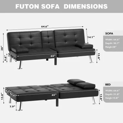 Sofá cama futón plegable portavasos de piel sintética marrón-----almohada cojín