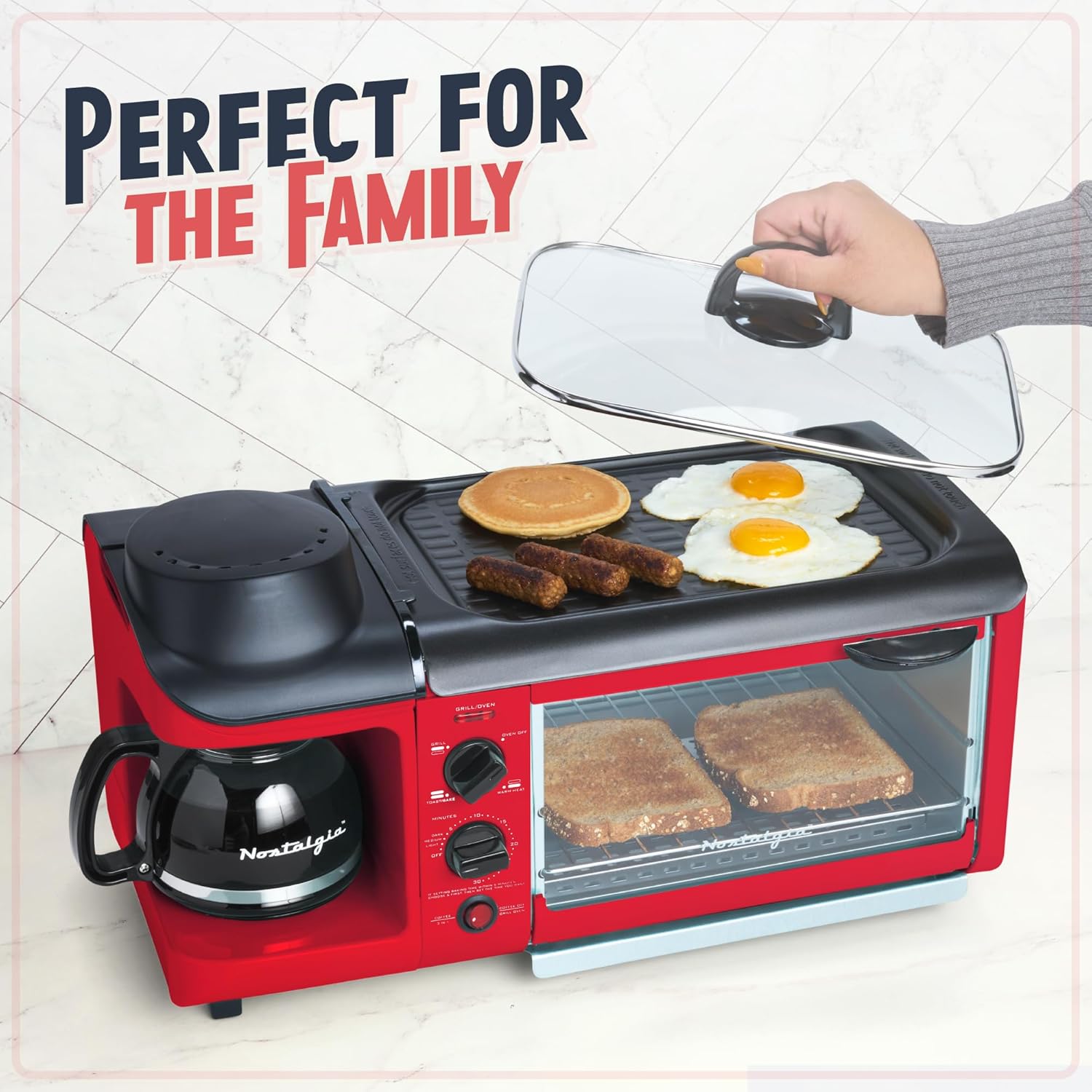 NOSTALGIA BST3RR Retro 3-in-1 Family Size Breakfast Station, Red