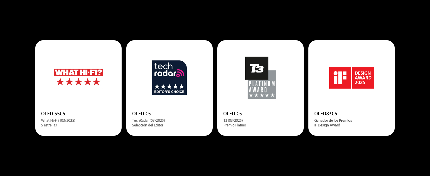 LG OLED C5 awarded by What Hi-Fi?, TechRadar, T3 Platinum Award, and iF Design Award