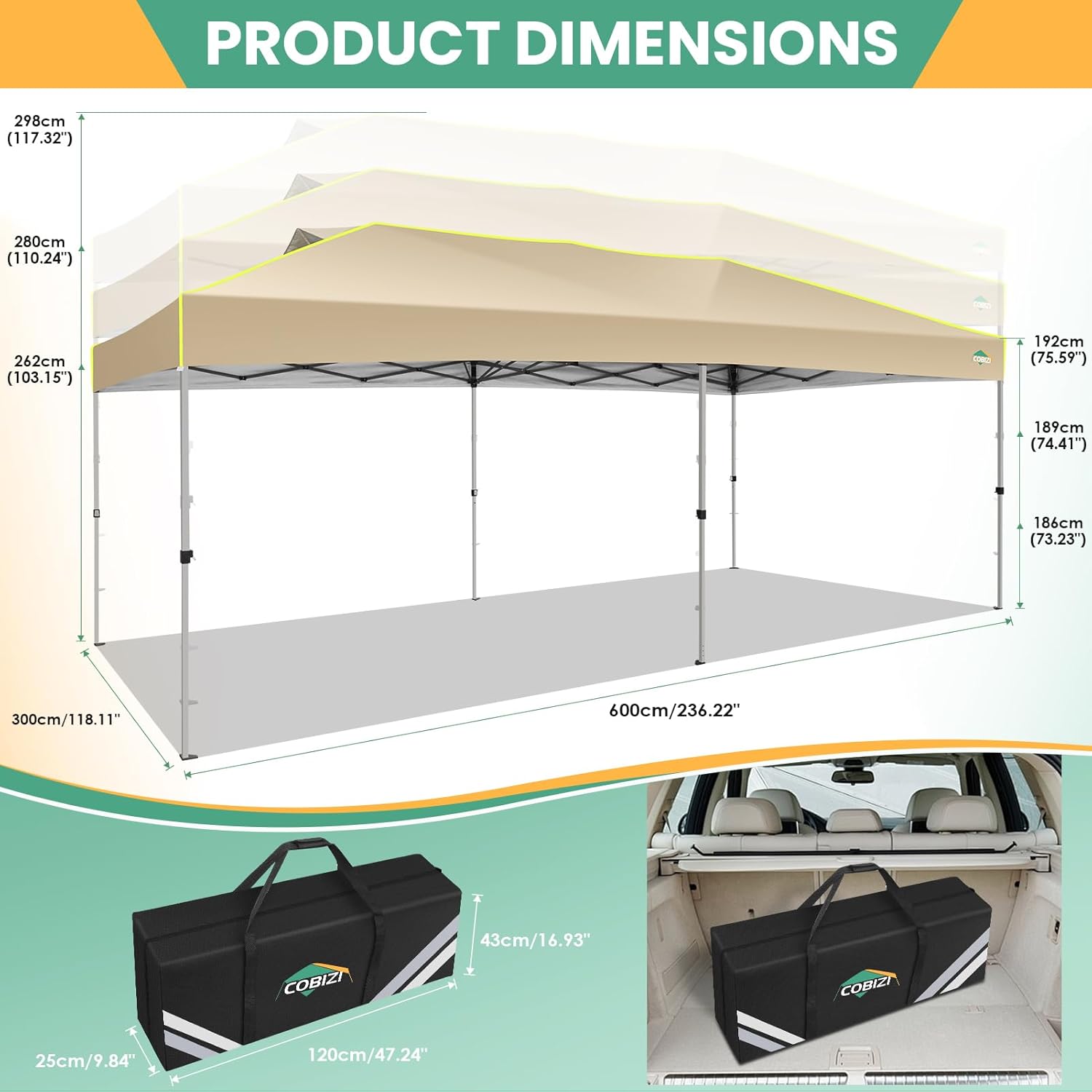COBIZI - Tienda de campaña desplegable de 10 x 20 Pulgadas, Tienda de campaña instantánea Comercial para Bodas, Fiestas con 3 Altura Ajustable, toldo Ez Up para Exteriores, Impermeable, UPF50+ con