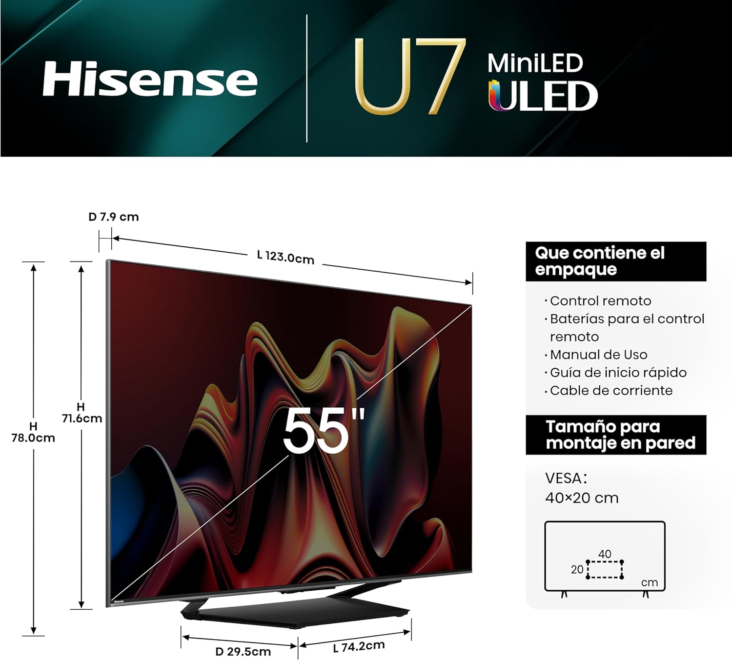 Hisense Pantalla MiniLED de 65" 65U7N Google TV Works with Alexa 2024