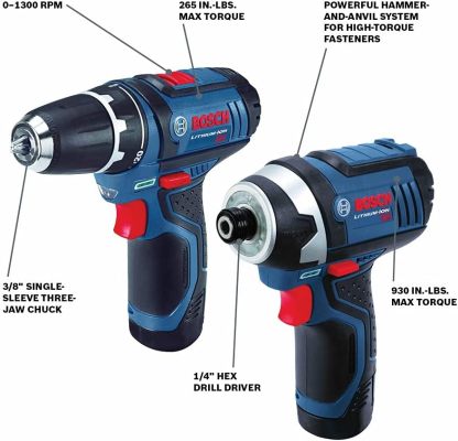 Bosch CLPK22-120 Kit combinado de 2 herramientas de 12 V máx. con Taladro/Atornillador de 3/8", Atornillador de impacto y (2) baterías de 2.0 Ah