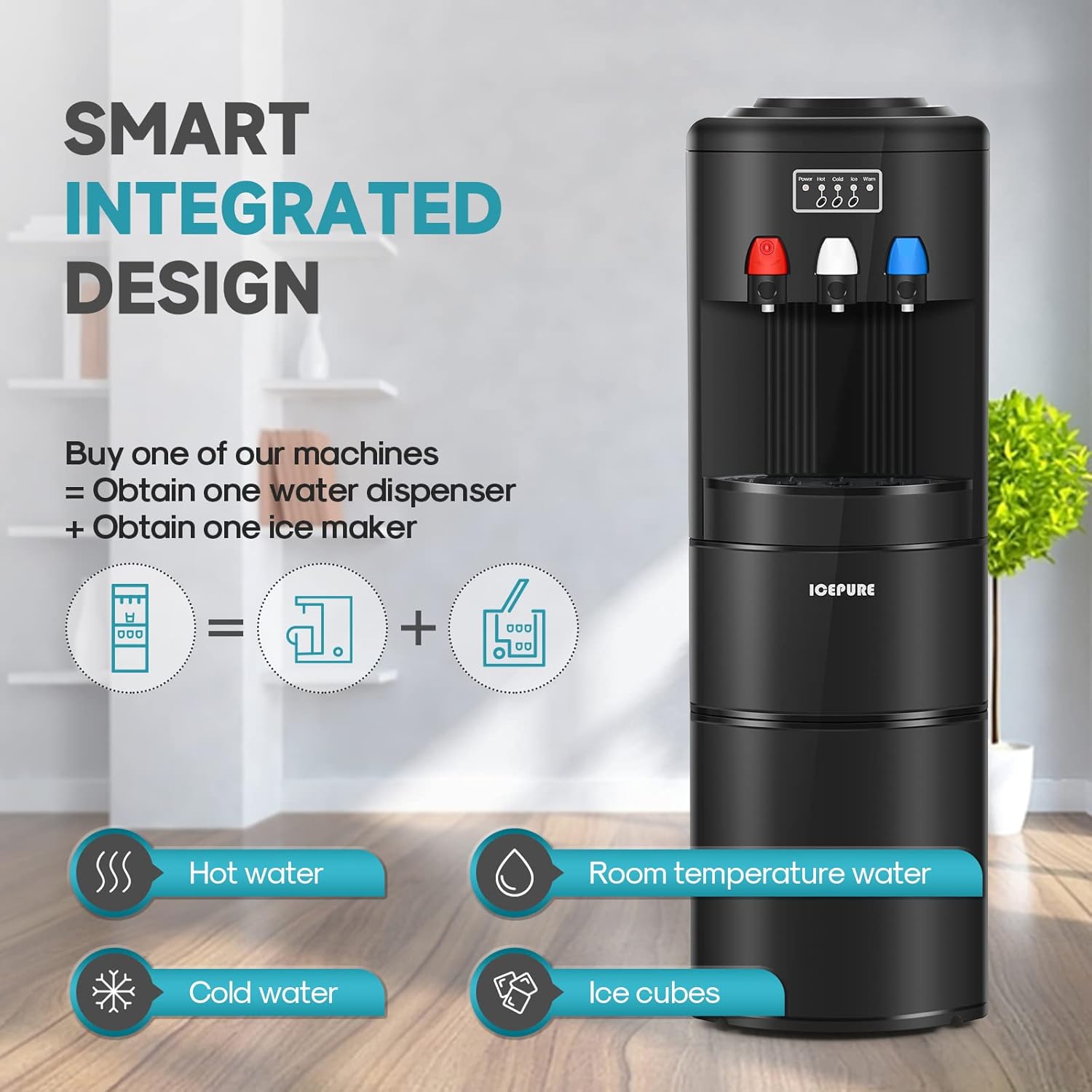 ICEPURE - Dispensador de agua 3 en 1 con máquina de hielo integrada, agua caliente y fría temperatura y hielo bala, carga superior de 2, 3 o 5 galones, 24 libras por máquina de hielo de 24 horas,