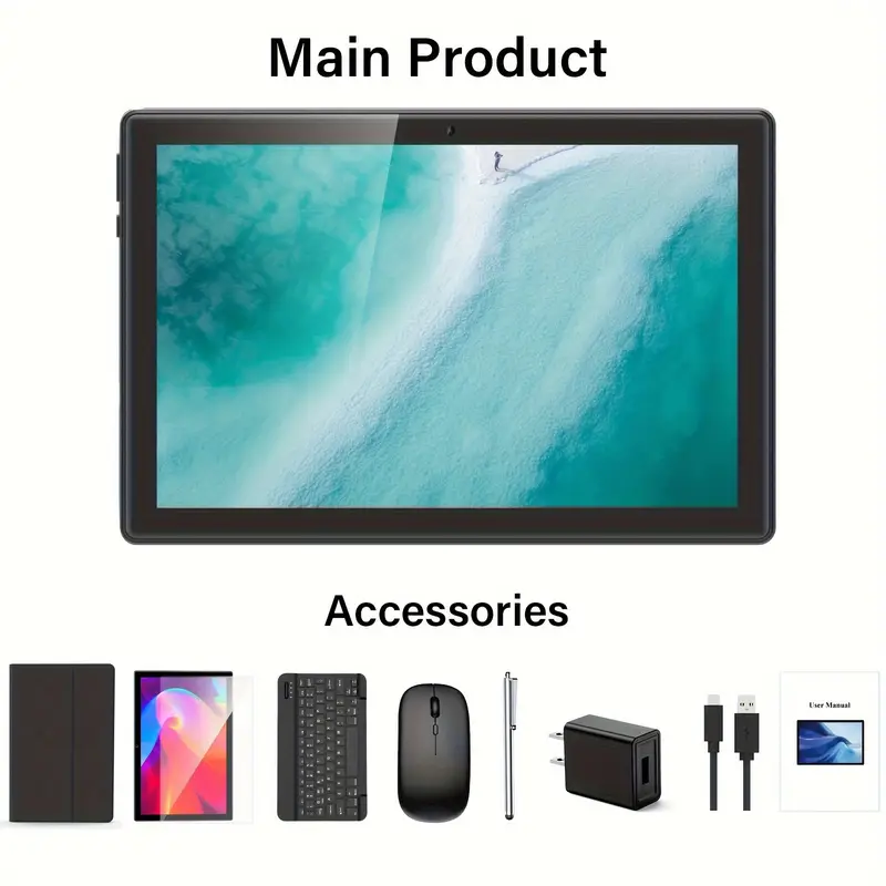 10 Inch 2-in-1 Android Tablet - 4GB RAM, 64GB ROM, 1TB Expand, Android 13, WiFi, Wireless, GMS, with Keyboard, Mouse, Case, and Stylus