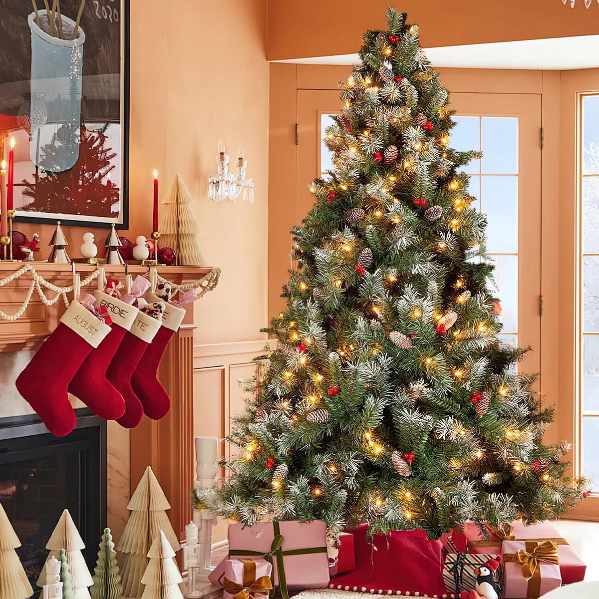 Arbol de Navidad Grande 2.2m, Arbol de Navidad con Luces Integradas, con 27m 240 Luces Led Parpadeantes(8 Modos de Luz), 1140 Ramas, con 35 Pares de Piñas y 35 Pares de Frutos Rojos, Soporte Metálico