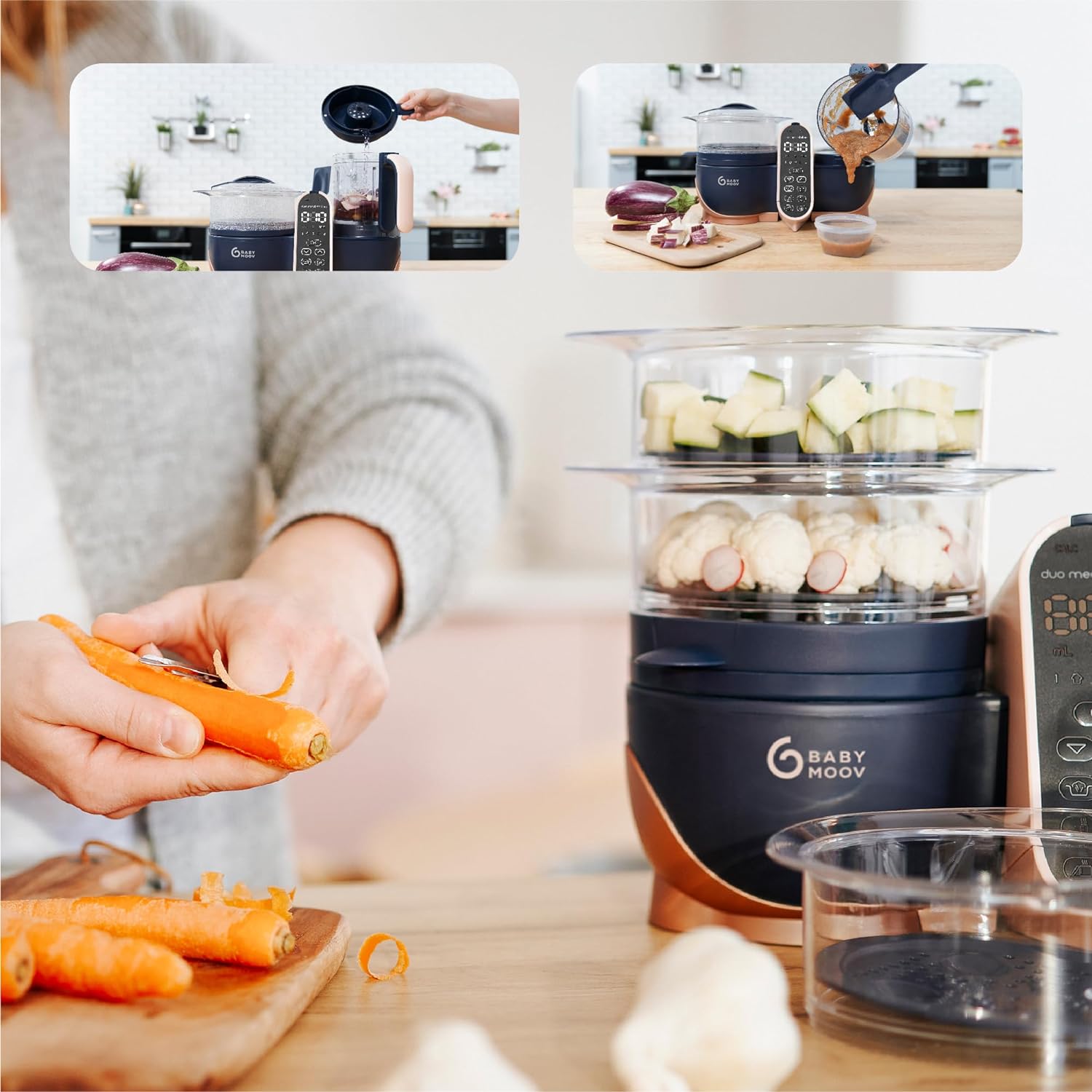 Babymoov Duo Meal 6 en 1: Procesador de Alimentos para Bebés con Vaporizador y Licuadora de Velocidades Múltiples, Calienta y Descongela (Aprobado por Nutricionistas), Gris