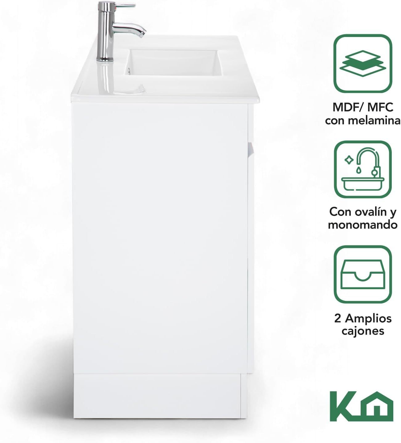 Kingshouse | Gabinete para Baño con Ovalín y Monomando – Mueble de Baño Lavamanos con 2 Cajones – Lavabo – Gabiente Organizador - Color Gris Mate – Fibra de Madera MDF – Lavamanos De Cerámica
