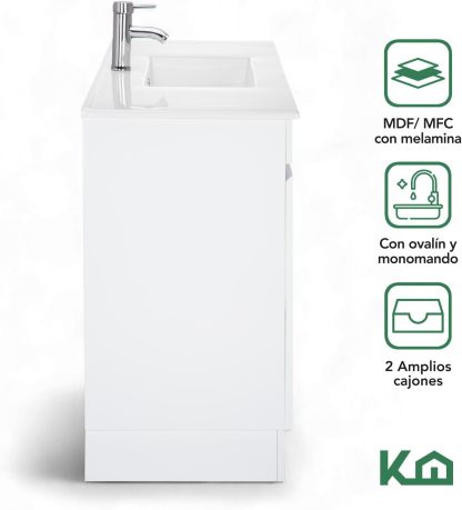 Kingshouse | Gabinete para Baño con Ovalín y Monomando – Mueble de Baño Lavamanos con 2 Cajones – Lavabo – Gabiente Organizador - Color Gris Mate – Fibra de Madera MDF – Lavamanos De Cerámica