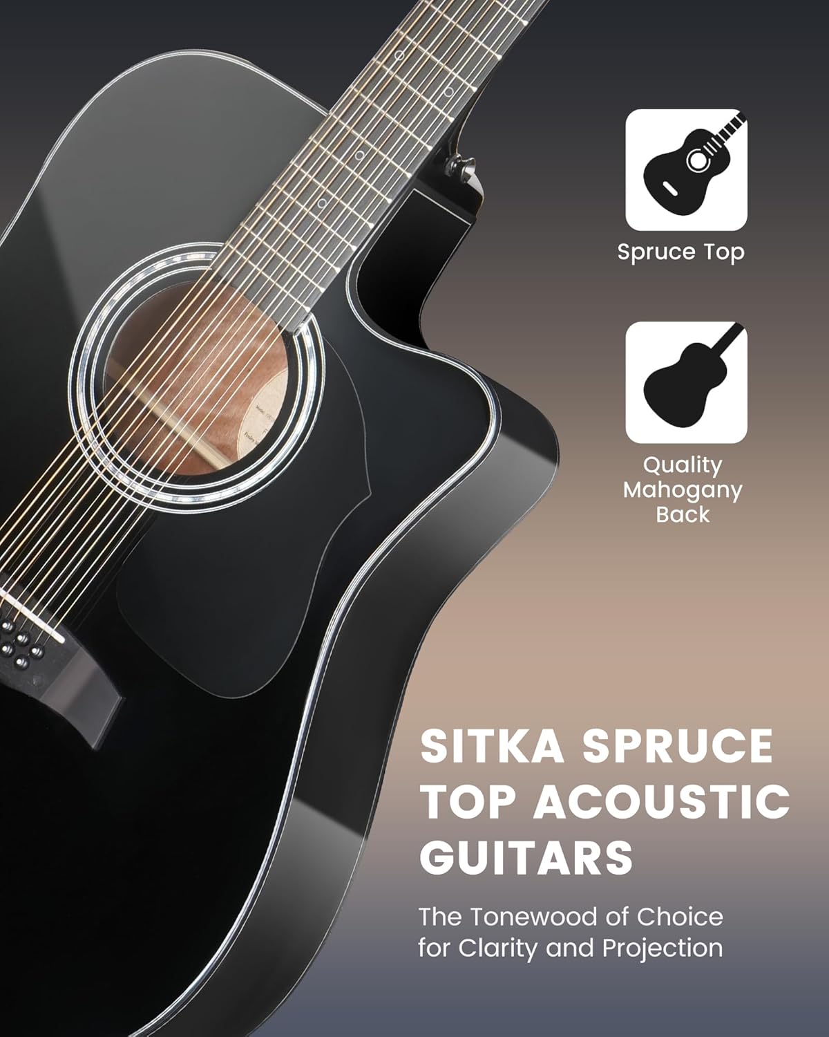 Fesley Guitarra de 12 cuerdas, guitarras eléctricas acústicas de tamaño completo para adultos, guitarra de abeto superior acústica, paquete de guitarra recortada con bolsa de concierto, púas, cuerdas, correa, natural