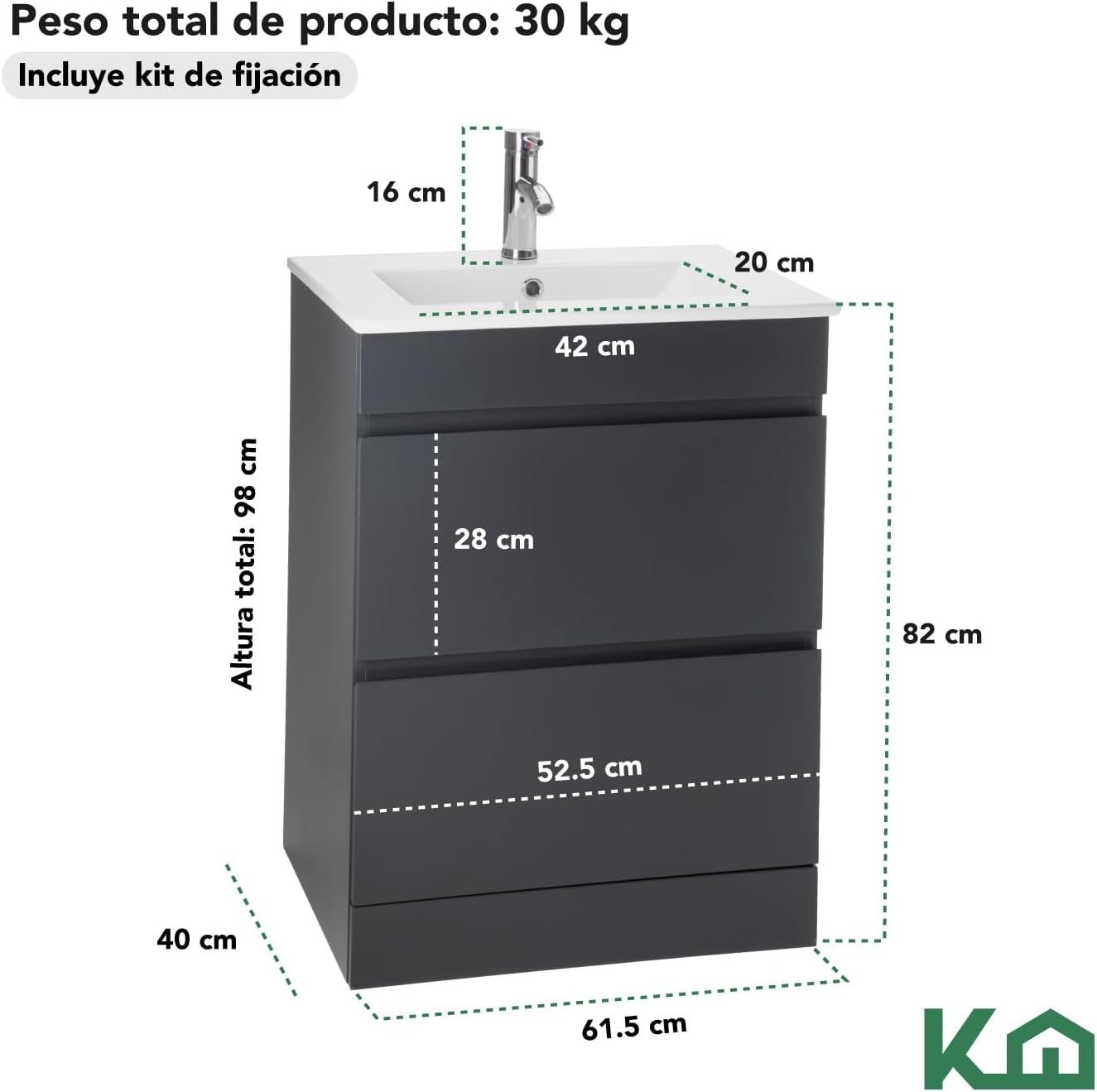 Kingshouse | Gabinete para Baño con Ovalín y Monomando – Mueble de Baño Lavamanos con 2 Cajones – Lavabo – Gabiente Organizador - Color Gris Mate – Fibra de Madera MDF – Lavamanos De Cerámica