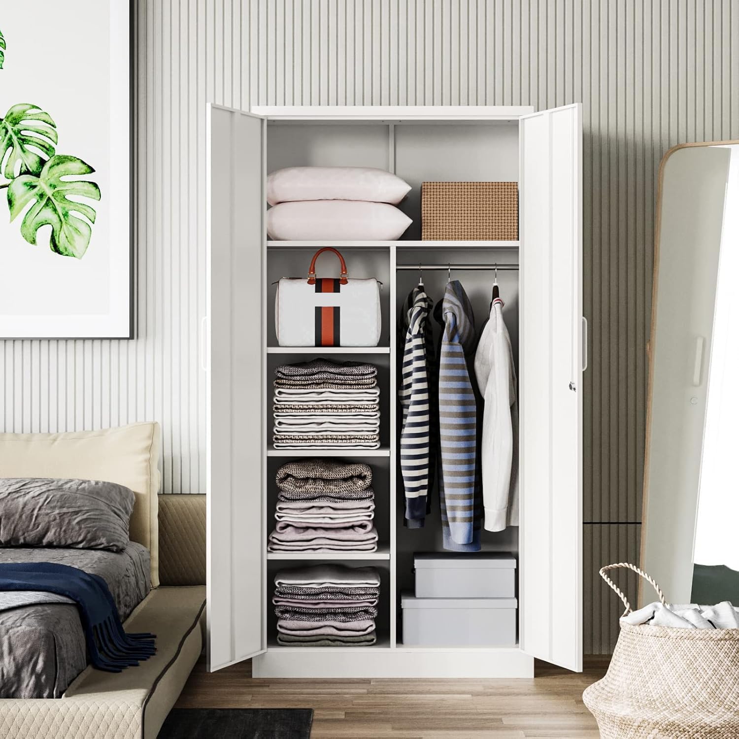 Letaya - Armarios de almacenamiento de metal con puerta de cerradura, armarios de acero, 5 estantes ajustables para el hogar, oficina, almacén (blanco)