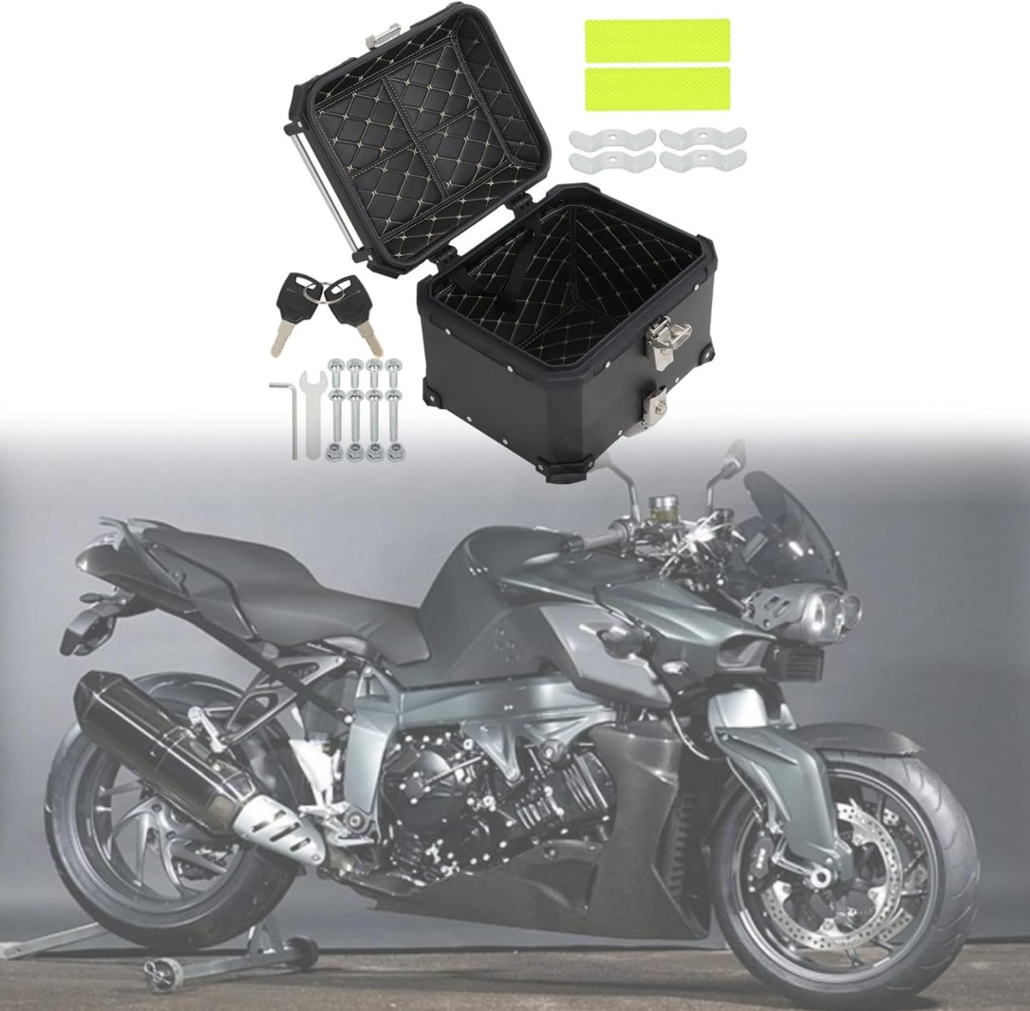 Labwork - Caja trasera para motocicleta de 45 l, con placa de montaje, aleación de aluminio dura, cierre de seguridad contra robo, metal plateado, caja trasera para maletero