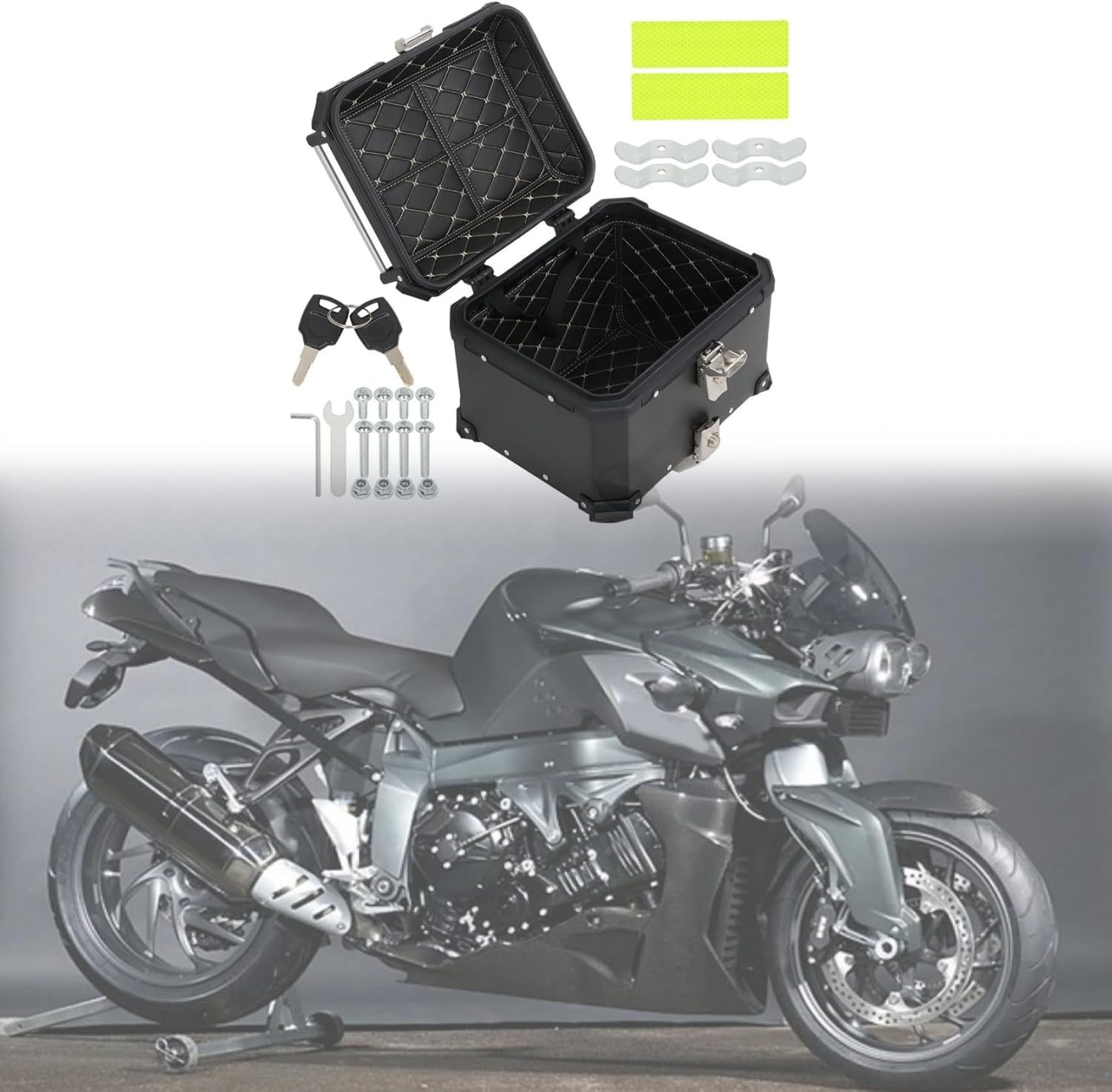 Labwork - Caja trasera para motocicleta de 45 l, con placa de montaje, aleación de aluminio dura, cierre de seguridad contra robo, metal plateado, caja trasera para maletero