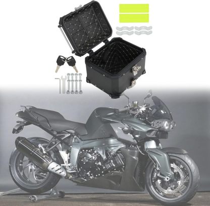 Labwork - Caja trasera para motocicleta de 45 l, con placa de montaje, aleación de aluminio dura, cierre de seguridad contra robo, metal plateado, caja trasera para maletero