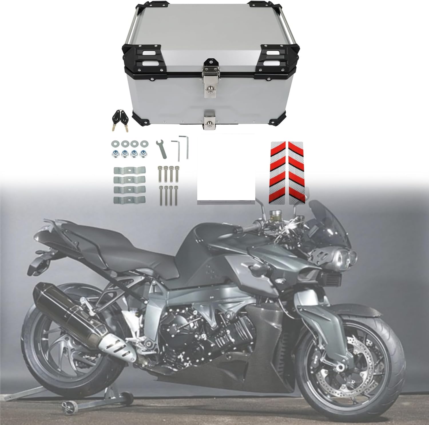 Labwork - Caja trasera para motocicleta de 45 l, con placa de montaje, aleación de aluminio dura, cierre de seguridad contra robo, metal plateado, caja trasera para maletero