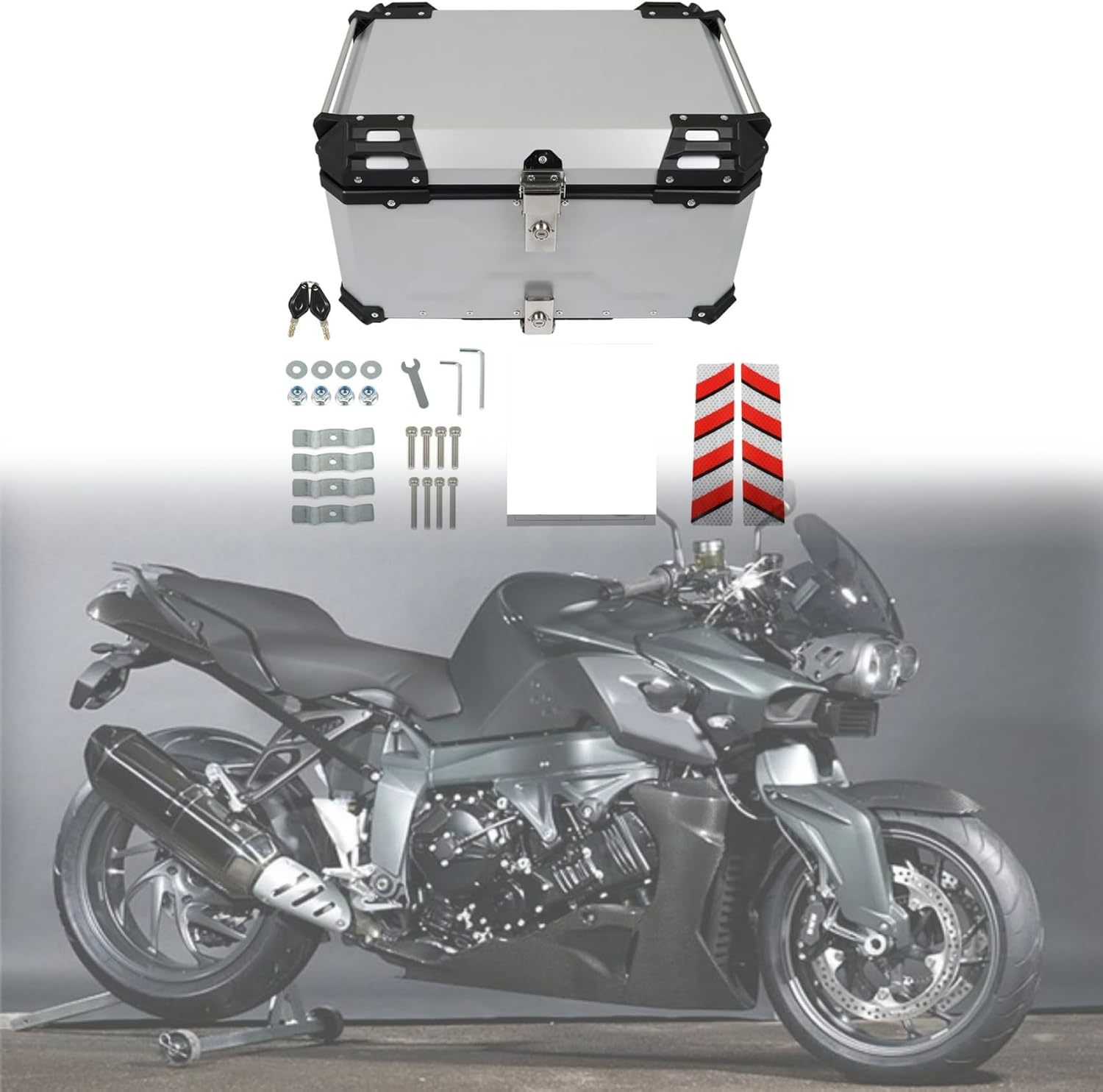 Labwork - Caja trasera para motocicleta de 45 l, con placa de montaje, aleación de aluminio dura, cierre de seguridad contra robo, metal plateado, caja trasera para maletero