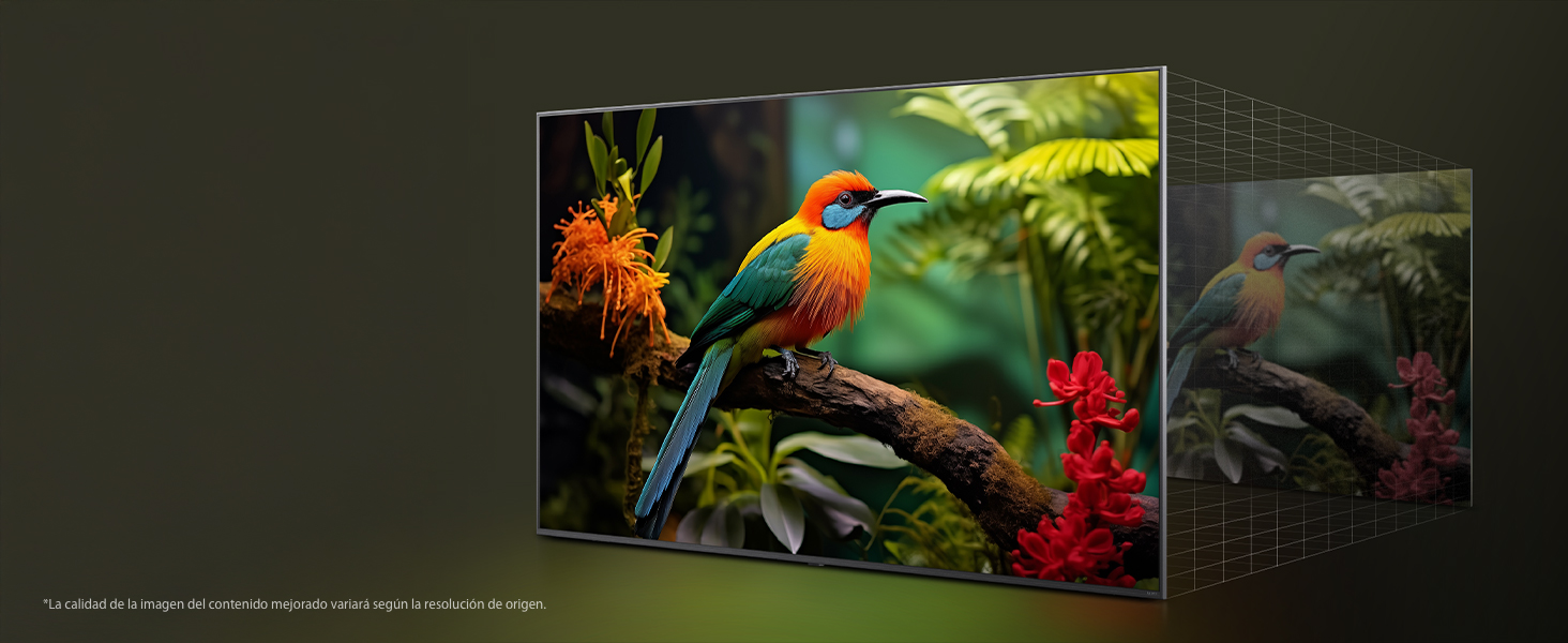 Two panels show how LG 4K Super Upscaling improves image quality. One is faded, one is bright