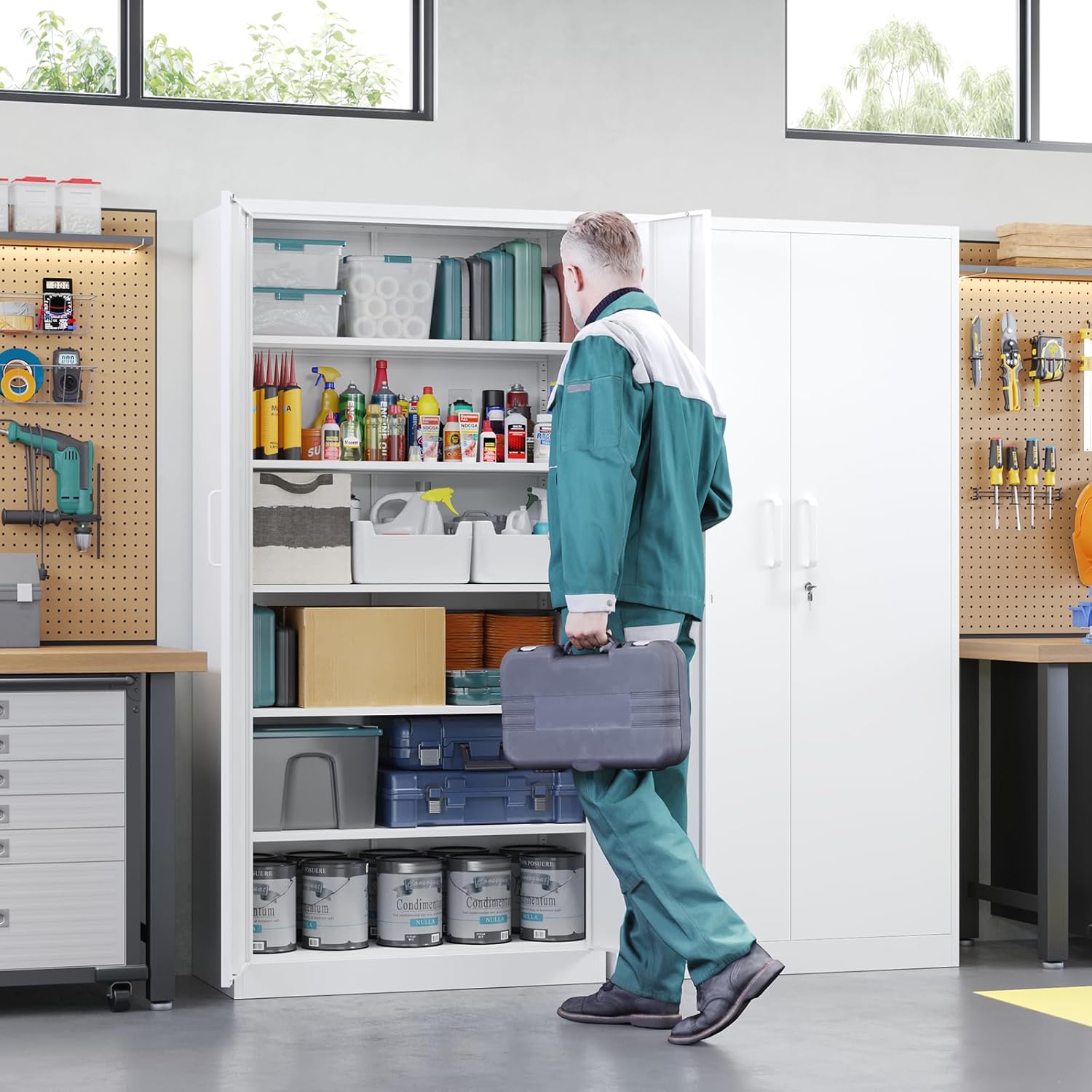 Letaya - Armarios de almacenamiento de metal con puerta de cerradura, armarios de acero, 5 estantes ajustables para el hogar, oficina, almacén (blanco)