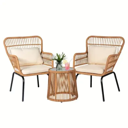 Juego de 3 muebles de mimbre para patio, incluye 2 sillas y una mesa con tapa de vidrio, ideal para porche, exterior, patio trasero, apartamento, balcón, color natural.