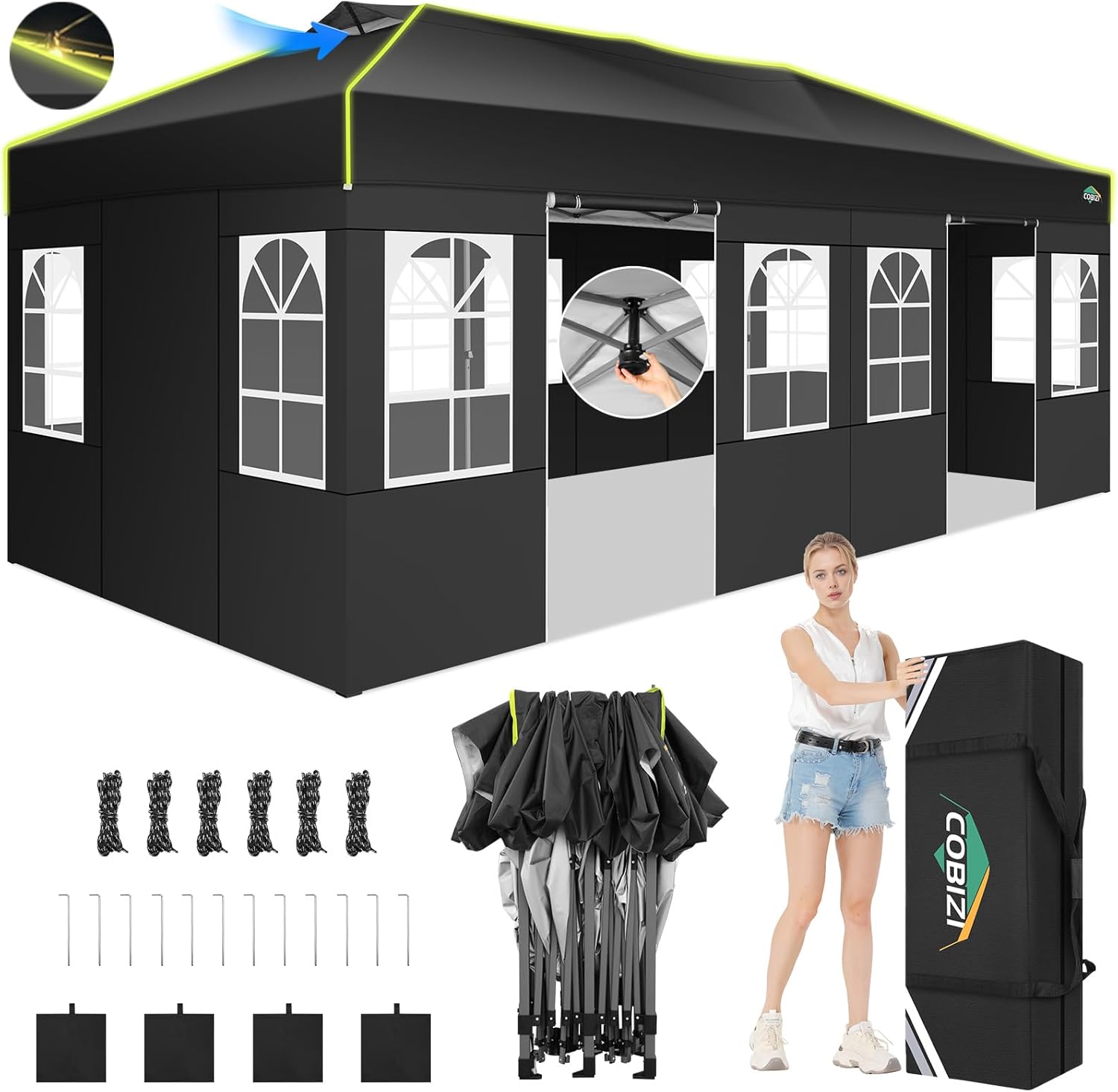COBIZI - Tienda de campaña desplegable de 10 x 20 Pulgadas, Tienda de campaña instantánea Comercial para Bodas, Fiestas con 3 Altura Ajustable, toldo Ez Up para Exteriores, Impermeable, UPF50+ con